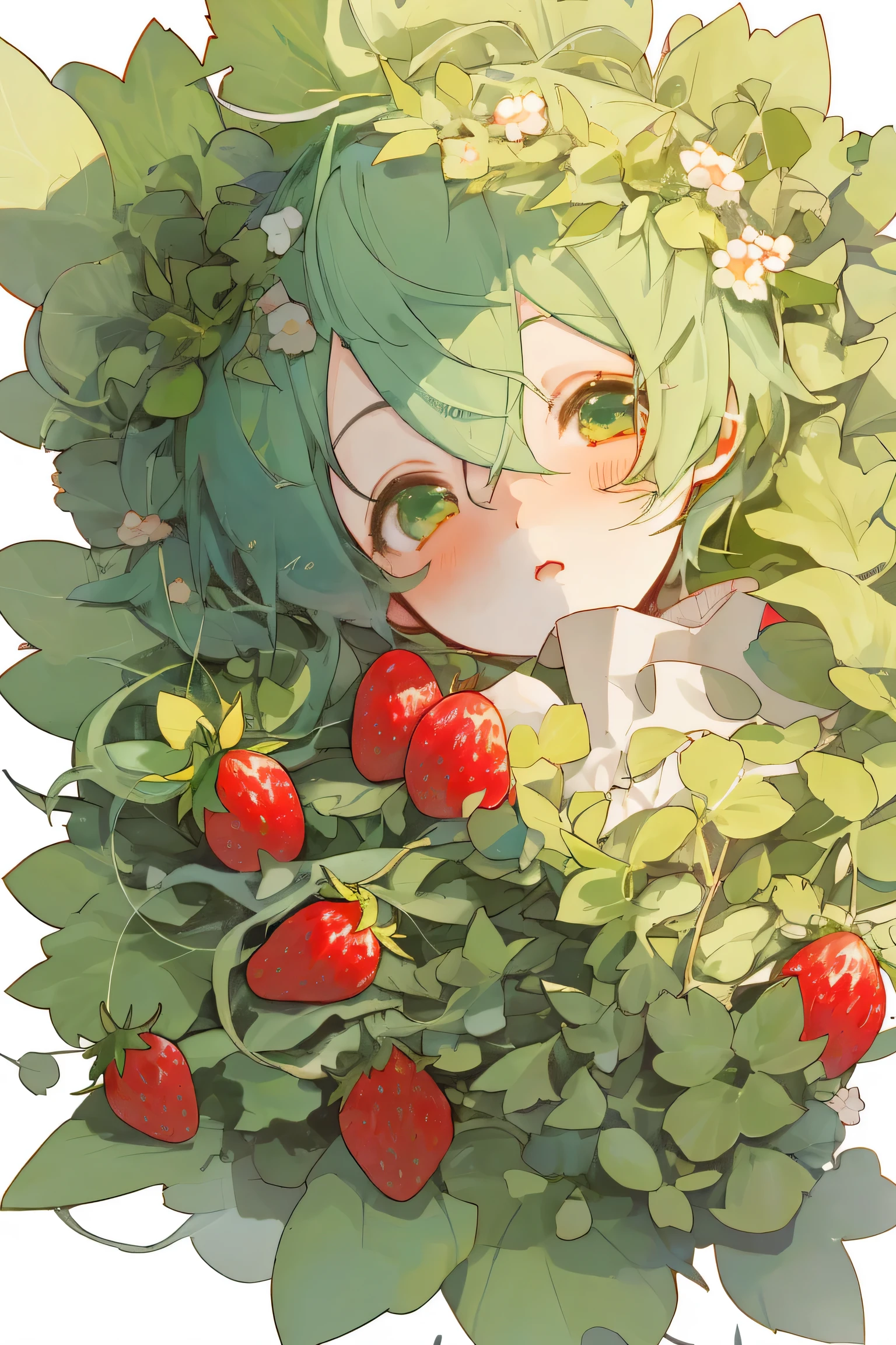 miku est couvert de feuilles et de fleurs de fraisier
