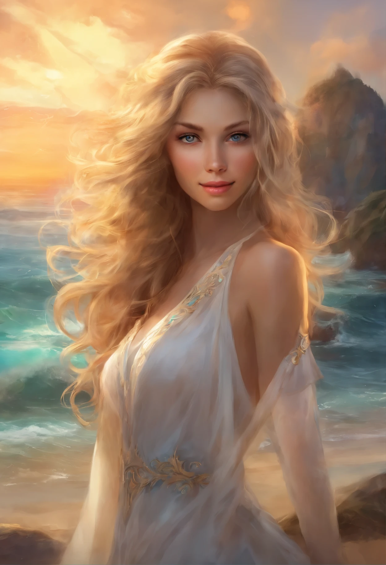 Linda jovem mulher, Cabelo loiro soprando pelo vento, olhos azuis brilhantes, Realista, golpes suaves, obra de arte, altamente detalhado, 4k, fundo de praia, saindo do mar, biquini branco molhado, luz altamente detalhada, pequeno sorriso, olhar sensual, Pele branca, rosto misto com angelina jolly e luci liu,lindas pernas, de perfil, foto tirada de baixo, enquadrar corpo todo, retrado de angelina joly, retrato de heid klun, retrato de luci liu.