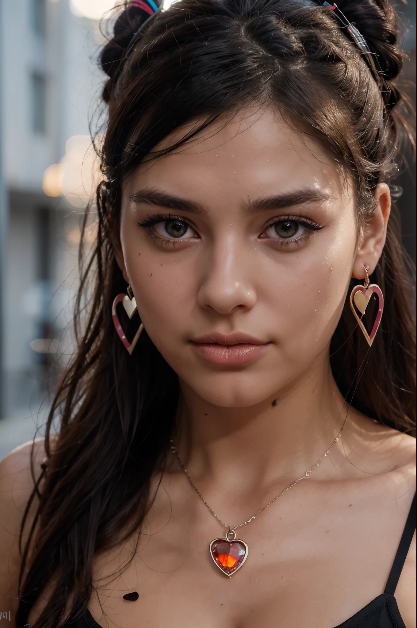 black hair, double bun, very long hair, jewelry, goggles on headwear, headphones, mole under eye, multicolored eyes, devil pupils, heart earrings, makeup, closed mouth, tongue, holding breath, jealous, close-up, lens flare, bokeh, f/1.8, UHD, masterpiece, ccurate, anatomically correct, textured skin, super detail, 8k, super detail