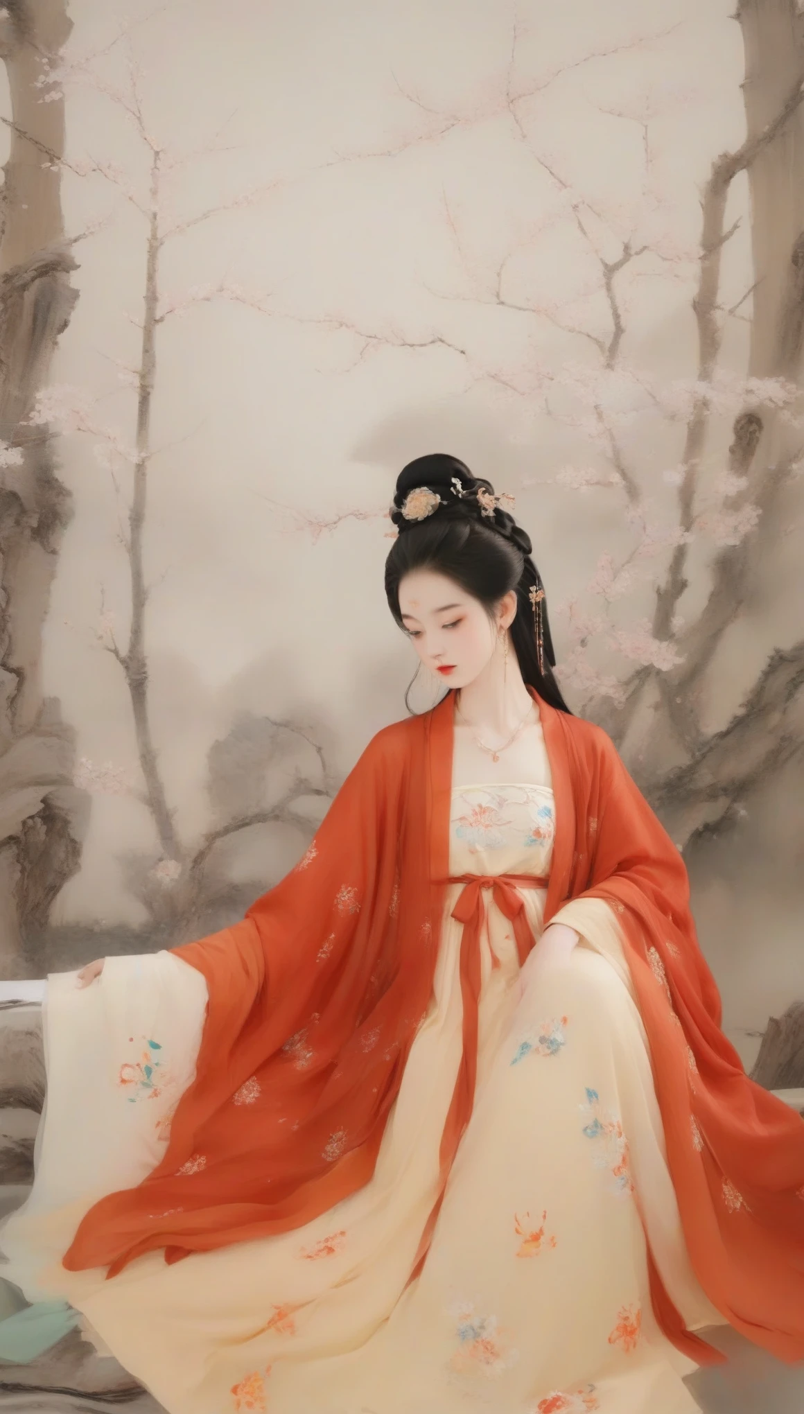 Wu Guanzhong's works,(中国西汉时期的美女王昭君抱着lute:0.13),(whole body),(Han Dynasty winter red hooded cloak coat:0.65),Falling geese,(lute:0.85),(Velvet)(mink clothes),background是大漠容貌较为丰腴圆润,Round face shape,The eyes are not big,Small nose,Lips are red and slightly upturned,Has long black hair,background:Falling geese,Wu Guanzhong conquered both China and the West outside the Great Snow,His oil paintings are fresh、Bright,Full of national characteristics and lyrical meaning。Later he engaged in innovating ink painting,His paintings are somewhere between figuration and abstraction,Points to note、The rhythm of blending lines and ink blocks,With strong artistic personality and modern flavor。