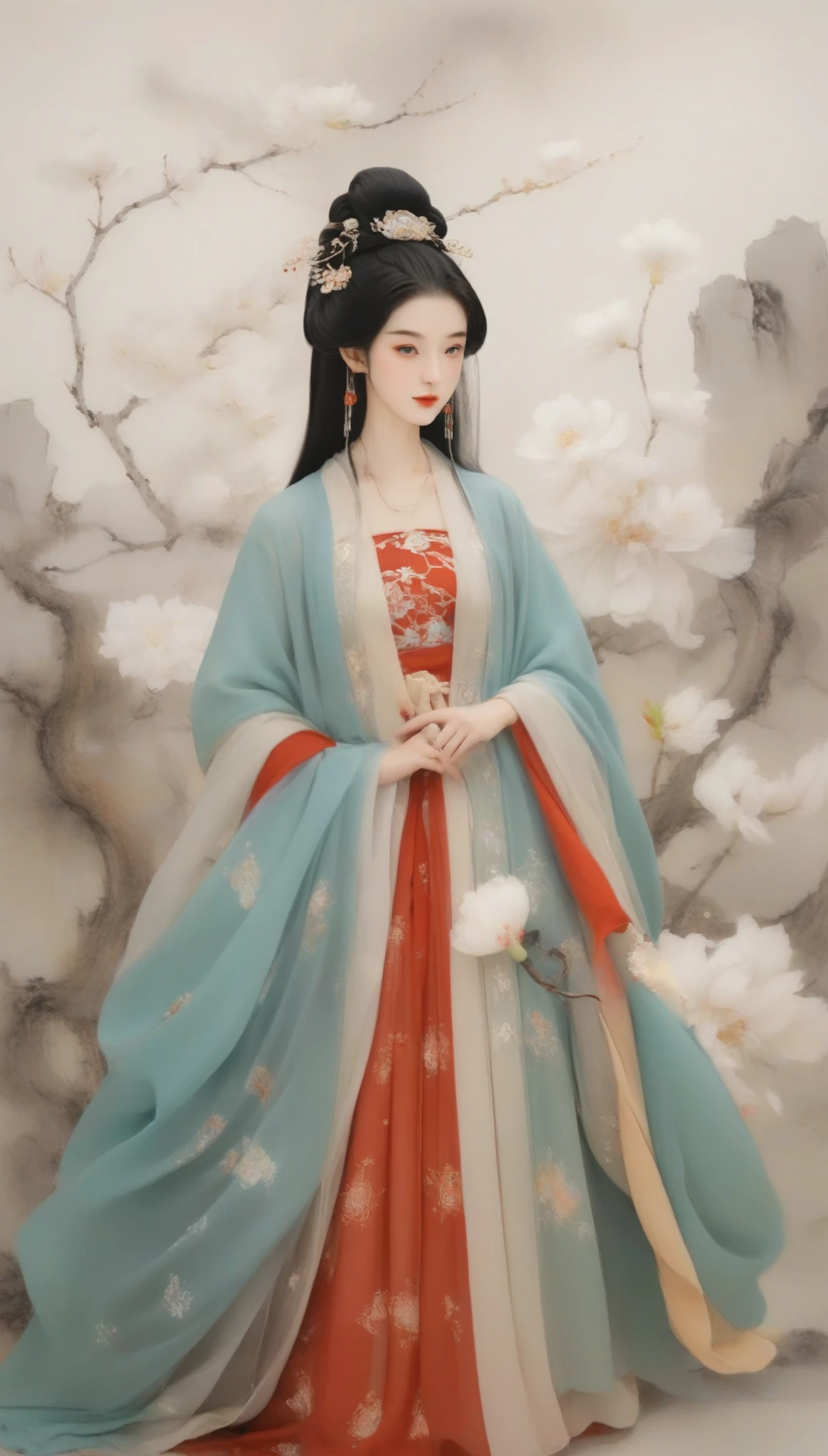 Wu Guanzhong's works,(中国西汉时期的美女王昭君抱着lute:0.13),(whole body),(Han Dynasty winter red hooded cloak coat:0.65),Falling geese,(lute:0.85),(Velvet)(mink clothes),background是大漠容貌较为丰腴圆润,Round face shape,The eyes are not big,Small nose,Lips are red and slightly upturned,Has long black hair,background:Falling geese,Wu Guanzhong conquered both China and the West outside the Great Snow,His oil paintings are fresh、Bright,Full of national characteristics and lyrical meaning。Later he engaged in innovating ink painting,His paintings are somewhere between figuration and abstraction,Points to note、The rhythm of blending lines and ink blocks,With strong artistic personality and modern flavor。