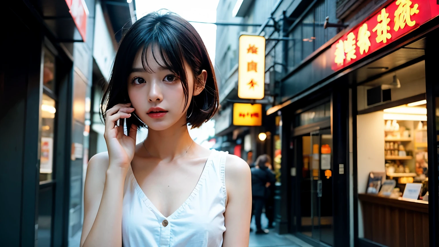 masterpiece、highest quality、city、90's photos、film photography、magic hour、evening、Eyes meet、looking at the camera、real、woman、lofi、melancholy、Emotional、emotional、挑発的なwoman、アジアBeauty、tobacco、たばこを吸っているBeauty、look at me、カッコいいwoman、retro、fashion、Clear look、tired、Beauty、lo-fi、playlist、quiet、relax、music、thumbnail、woman、deep、emotion、grace、sad、Calm、lonely、cigarette smoke、cool、neon、reflection