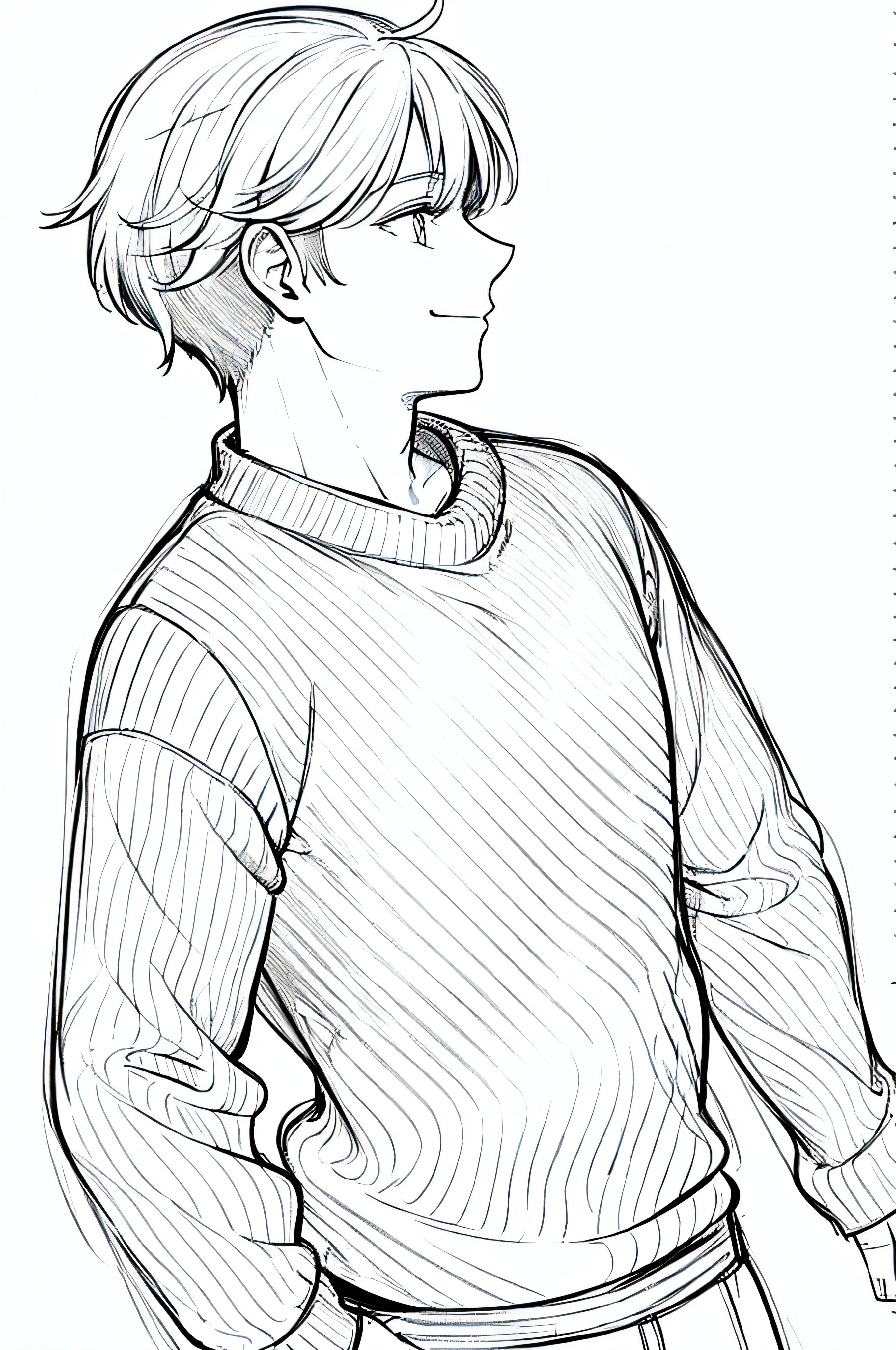 (((masterpiece))), (((highest quality))), (((highest quality))), (((1 boy))), sweater, smile, close-up of profile, nice, ((white background)), line drawing, (((sketch))), clean line drawing, Shoot from the front, (looking at the viewer),