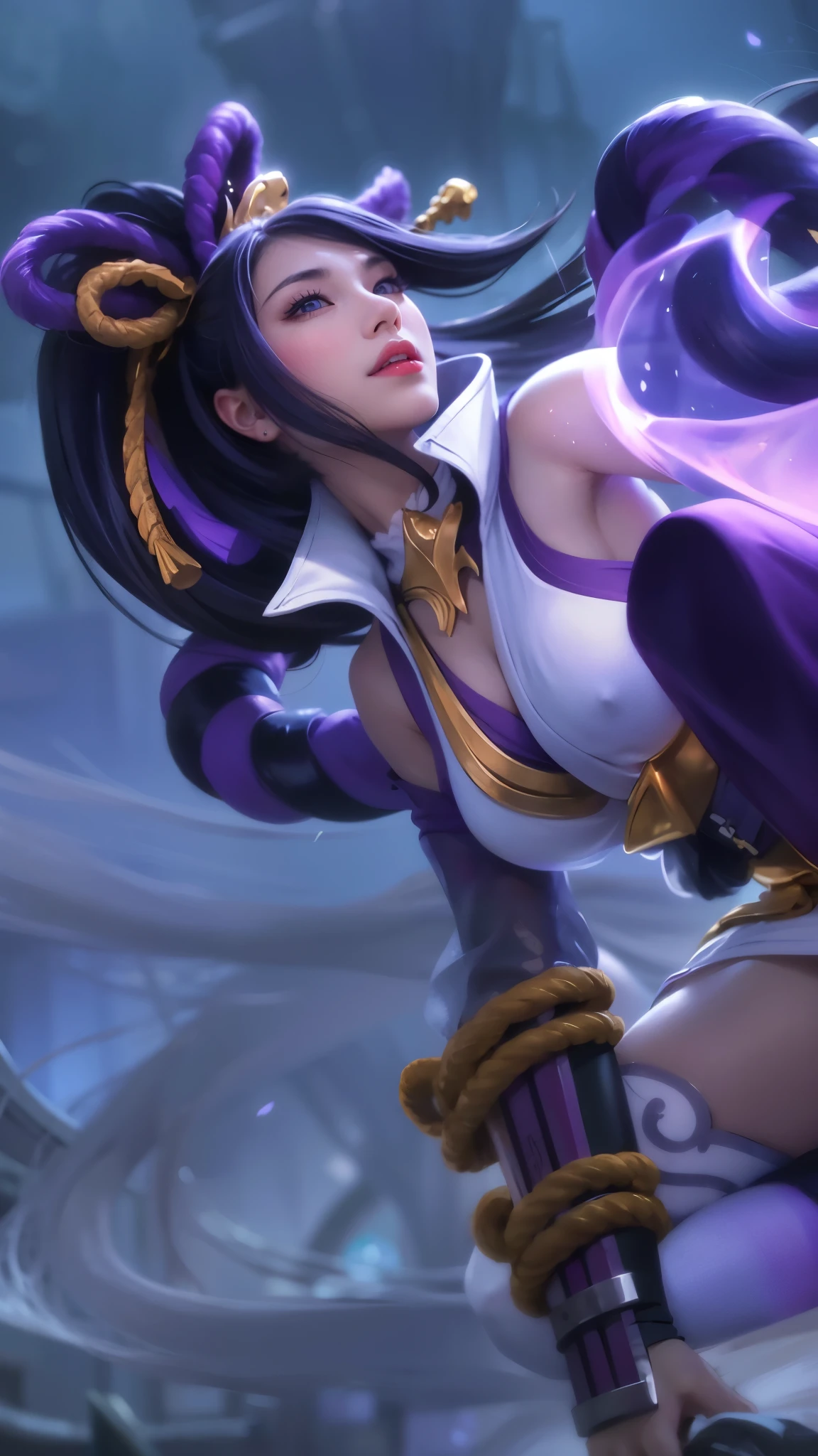 Masterpiece, best picture quality, high quality, beautiful woman, Japanese, popular Korean makeup, detailed, swollen eyes, detailed eyes, detailed skin, beautiful skin, ultra high resolution, (reality: 1.4),very beautiful, slightly younger face, beautiful skin, slender, (ultra realistic), (illustration), (high resolution), (8K), (very detailed) (best illustration), (beautifully detailed eyes), (super detailed), (wallpaper), (detailed face), looking at viewer, fine details, detailed face, pureerosfaceace_v1, smiling, looking straight ahead, looking straight ahead, angle from waist up, realistic photo, bright lighting, professional lighting, black hair (some of hair part green), long hair, dark ruins, big red moon, gorgeous red and black dress, mature woman, long stylish bangs, red lips, blue eyes,