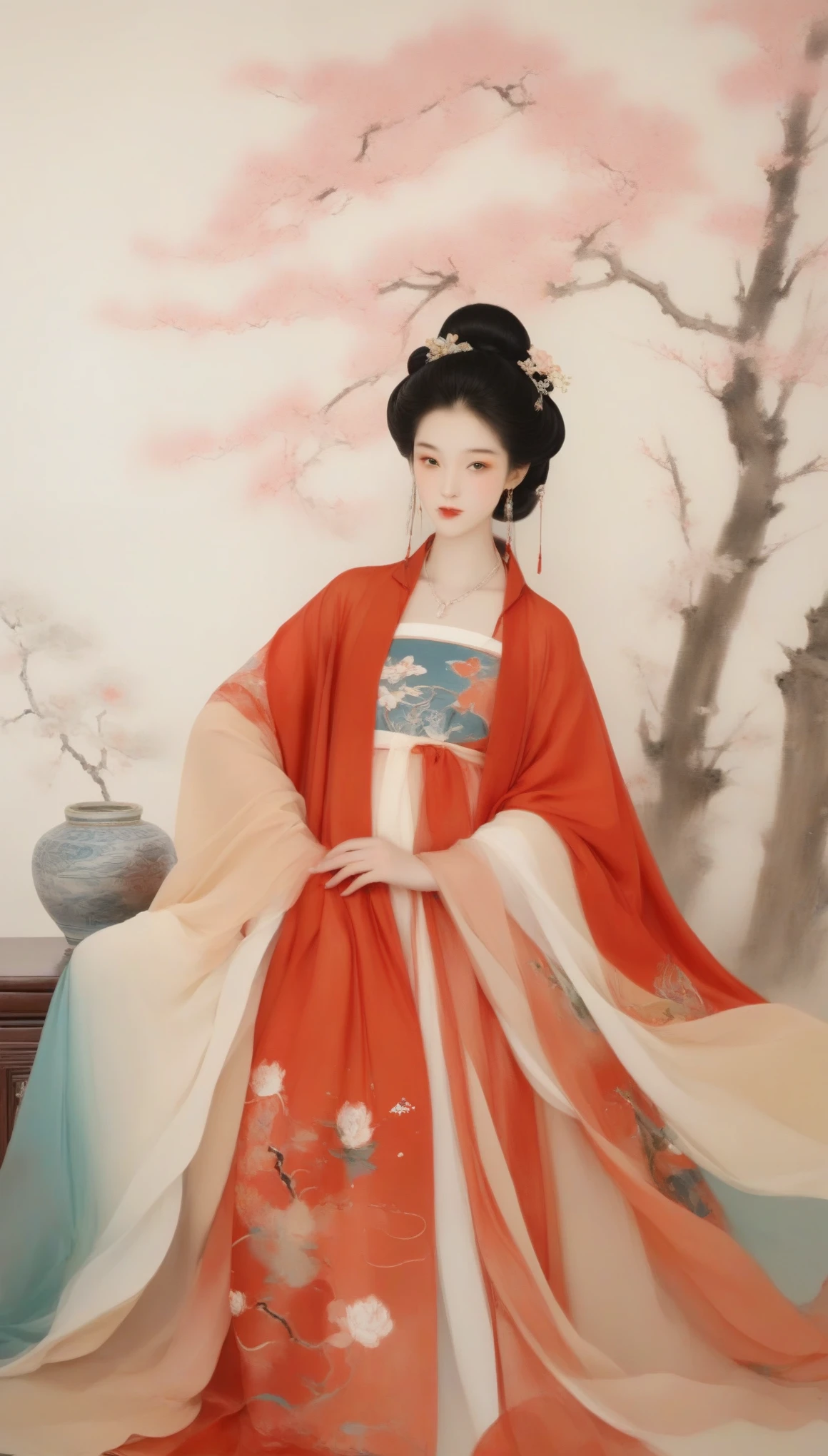 Wu Guanzhong作品,Wu Guanzhong,(中国西汉时期的美女王昭君抱着lute:0.13),(whole body),(Han Dynasty winter red hooded cloak witch costume:0.65),Falling geese,(lute:0.85),(Velvet)(mink clothes),background是大漠容貌较为丰腴圆润,Round face shape,The eyes are not big,Small nose,Lips are red and slightly upturned,Has long black hair,background:Falling geese,大雪塞外
Wu Guanzhong兼取中西,His oil paintings are fresh、Bright,Full of national characteristics and lyrical meaning。Later he engaged in innovating ink painting,His paintings are somewhere between figuration and abstraction,Points to note、The rhythm of blending lines and ink blocks,With strong artistic personality and modern flavor。