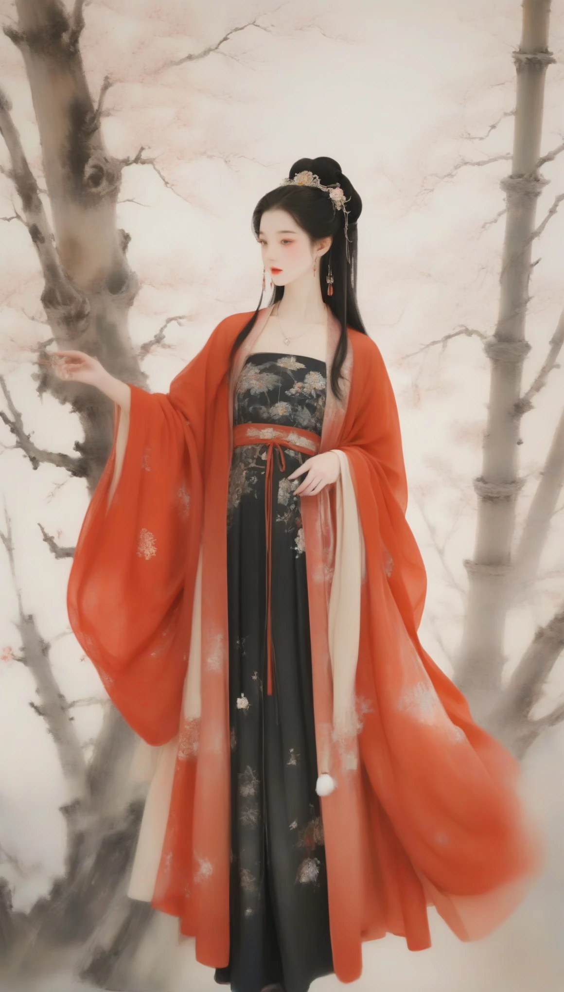 Wu Guanzhong作品，Wu Guanzhong，（中国西汉时期的美女王昭君抱着lute：0.13），（whole body），It's snowing，（Han Dynasty winter red hooded cloak witch costume：0.65），（wild geese），（lute：0.85），（Velvet）（mink clothes），background是大漠容貌较为丰腴圆润，Round face shape，The eyes are not big，Small nose，Lips are red and slightly upturned，Has long black hair，background：wild geese，大雪塞外 
Wu Guanzhong兼取中西，His oil paintings are fresh、Bright，Full of national characteristics and lyrical meaning。Later he engaged in innovating ink painting，His paintings are somewhere between figuration and abstraction，Points to note、The rhythm of blending lines and ink blocks，With strong artistic personality and modern flavor。