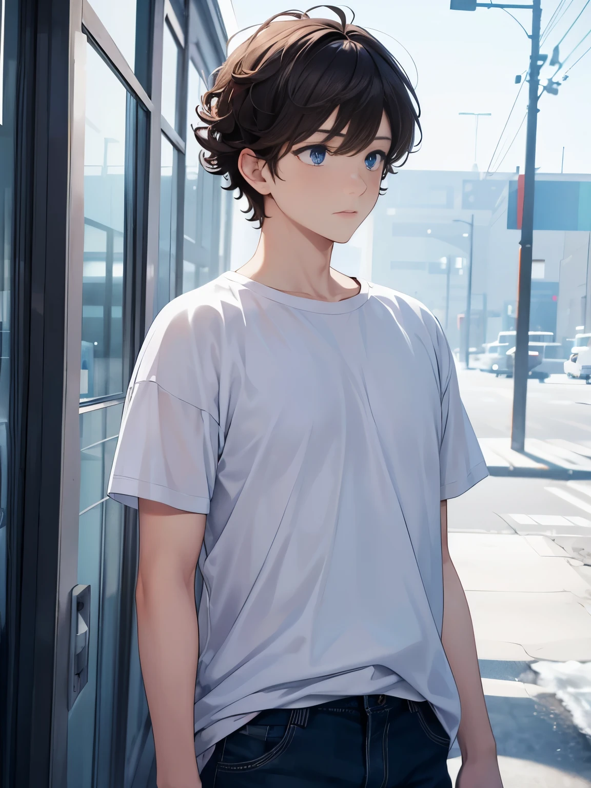 1boy,guy,standing in the north pole,snowing,blue eyes,looking away,looking away,half body photo,18 years old,Curly hair,medium hair,undercut hairstyle,light brown hair,Plain t-shirt, white t-shirt,white trousers,ultra detail,masterpiece