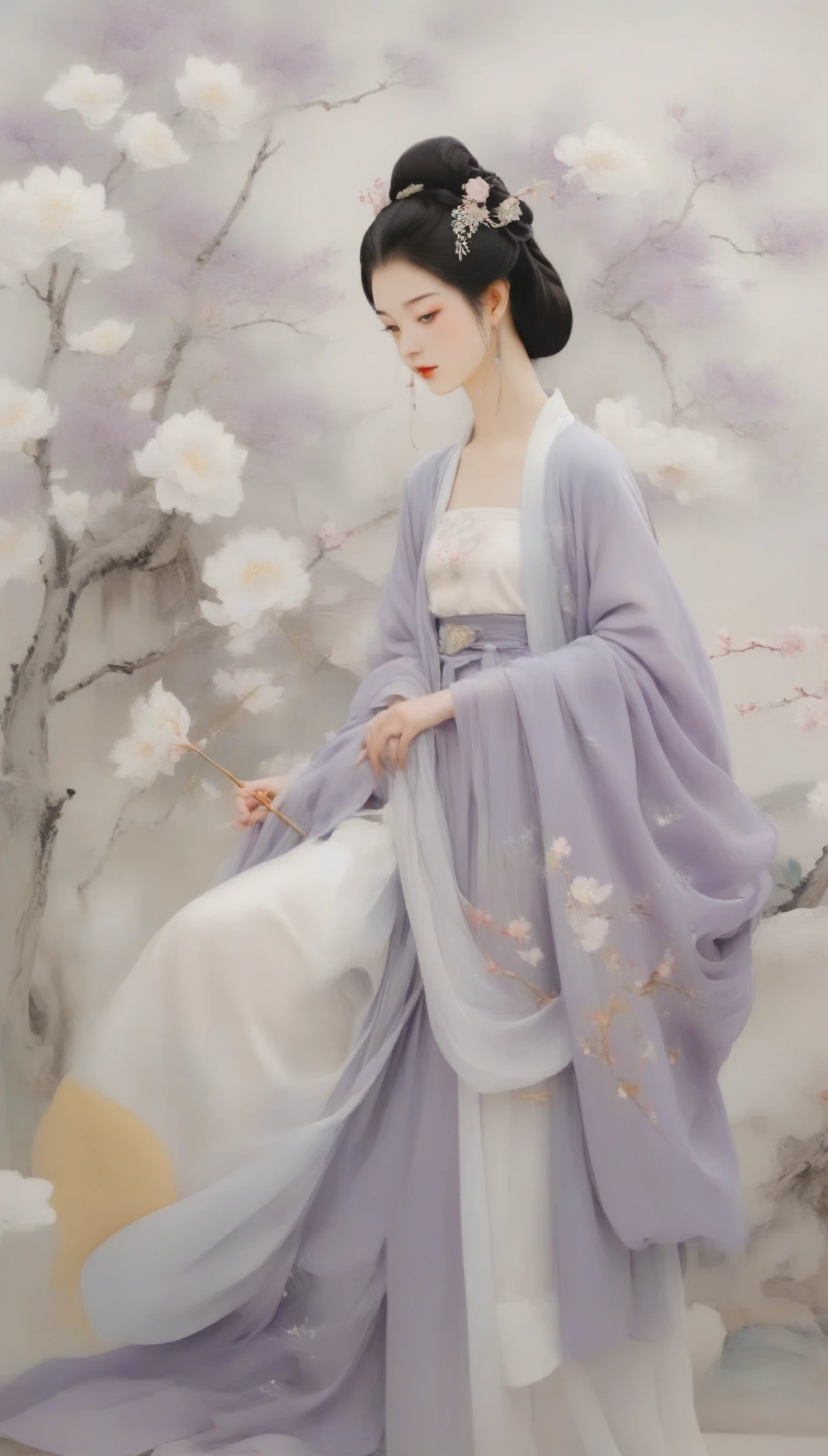 Wu Guanzhong's works，（中国东汉时期的美女貂蝉在看moon：0.13），（whole body），Charming and charming appearance，Beautiful，Brilliant，Very charming”， "Slim figure，Good looks，The eyes are enchanting，（Han Dynasty purple clothing：0.65），（moon：0.85），background：garden，
 Wu Guanzhong absorbed both Chinese and Western，His oil paintings are fresh、Bright，Full of national characteristics and lyrical meaning。Later he engaged in innovating ink painting，His paintings are somewhere between figuration and abstraction，Points to note、The rhythm of blending lines and ink blocks，With strong artistic personality and modern flavor。