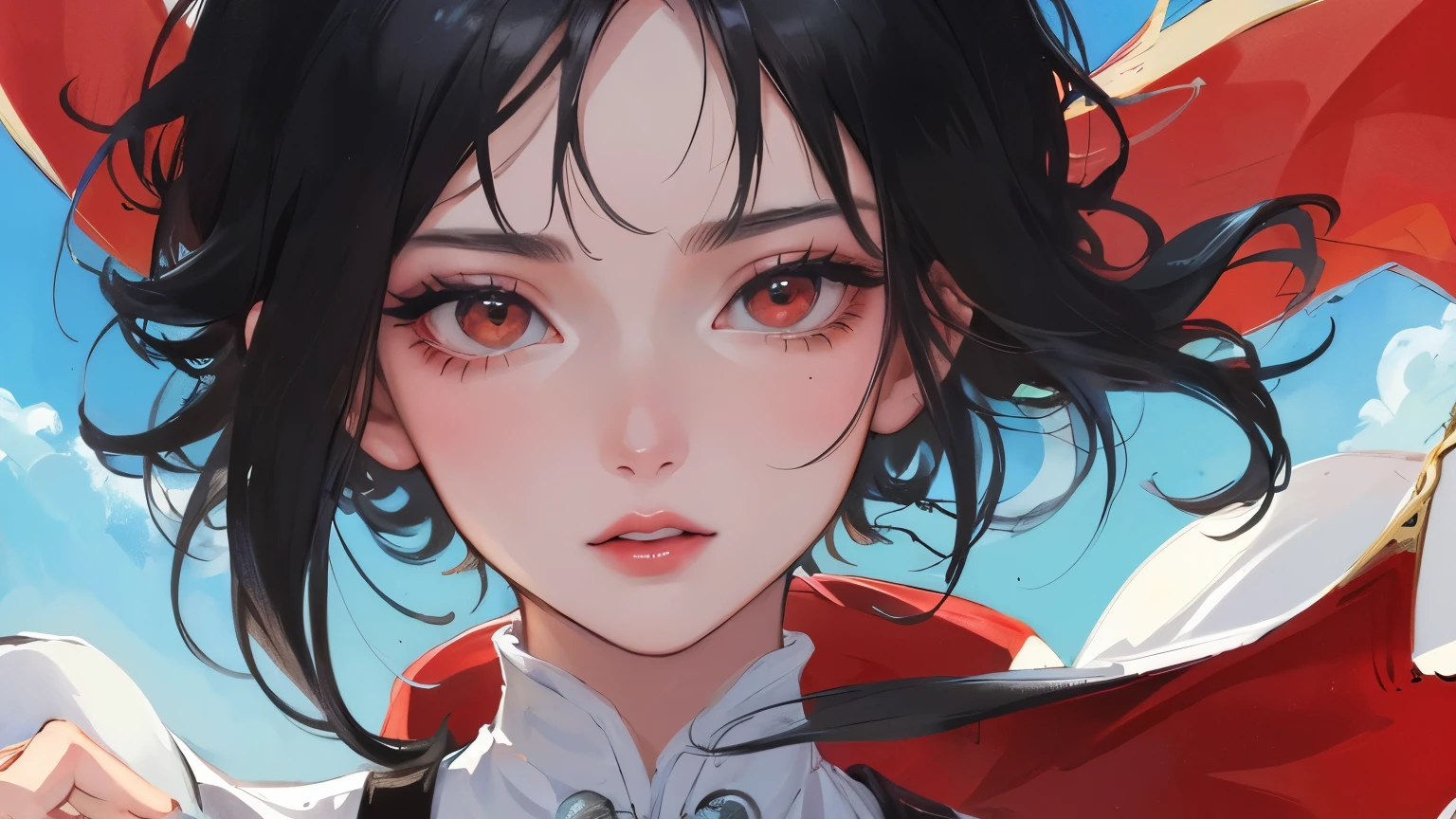 young girl　black hair　short hair　red eyes　irreverent face　look down　thin body　thin thighs　small breasts　small ass　toned body　blue sky　cloud　hair blowing in the wind　high quality　High resolution　8K　vampire　watercolor　natural feel　bridge of nose　martial arts　((最high quality)), ((masterpiece)), (become familiar with), dignified face　grassland　close up of face　Beautiful as a goddess　whole face　Nipples are visible　lipstick　eye shadow　Completely naked　ID photo style