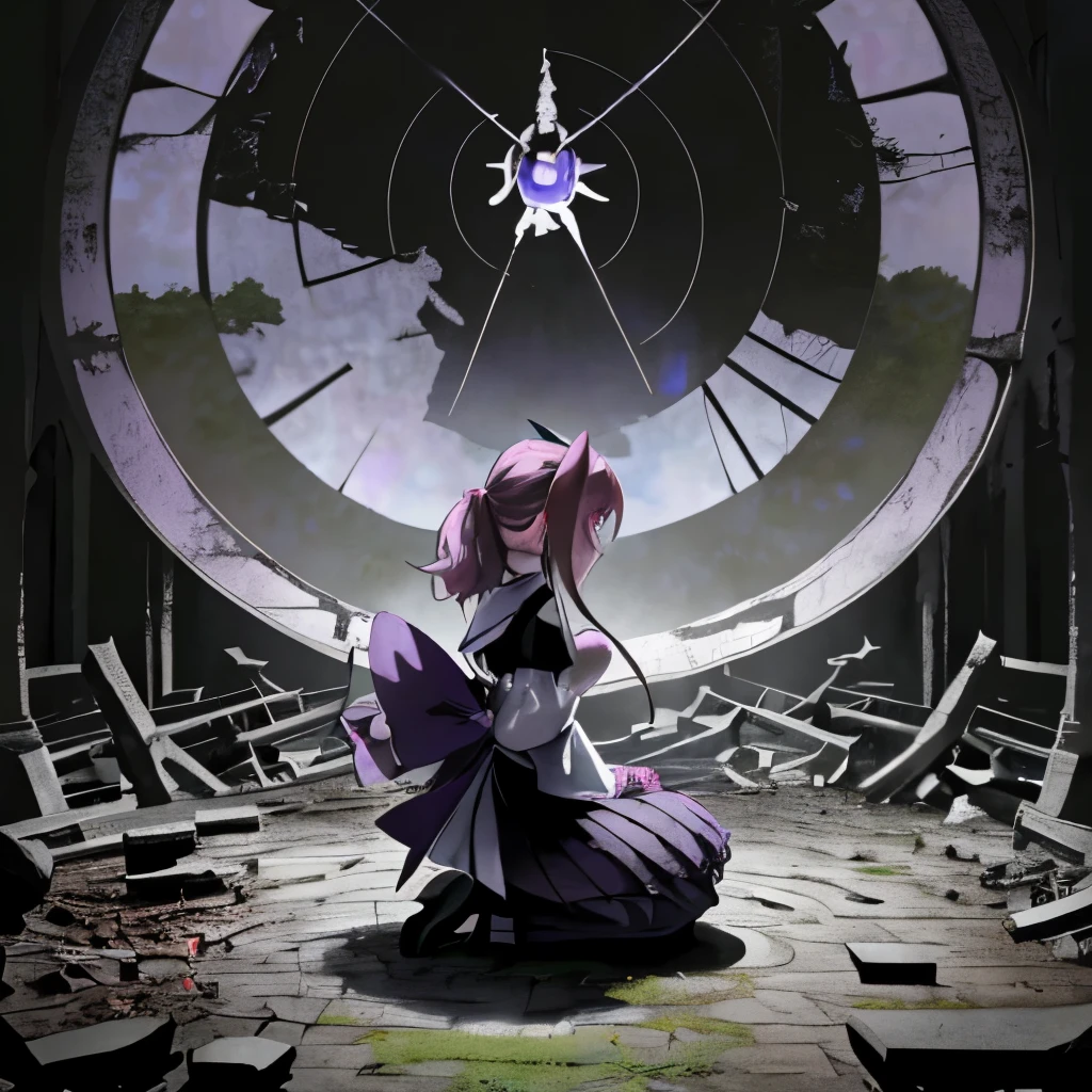 Homura akemi kneeling while holding madoka's dead body, the scenery is the ruins of mitakihara after losing against the night of walpurgis, and there are faceless ominous magical girls surrounding them in a circle and poiting at them
