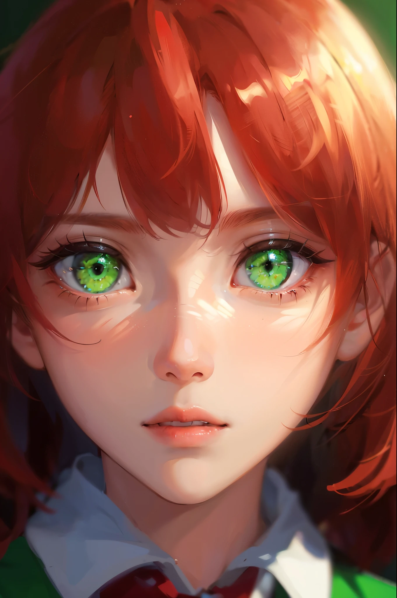 best quality, face focus, soft light, ultra high res 1girl, solo, cute, (green eye), (pupil, lights in the eyes), detailed beautiful face, (high resolution detail), medium hair, red hair, ((Wearing school uniform)).