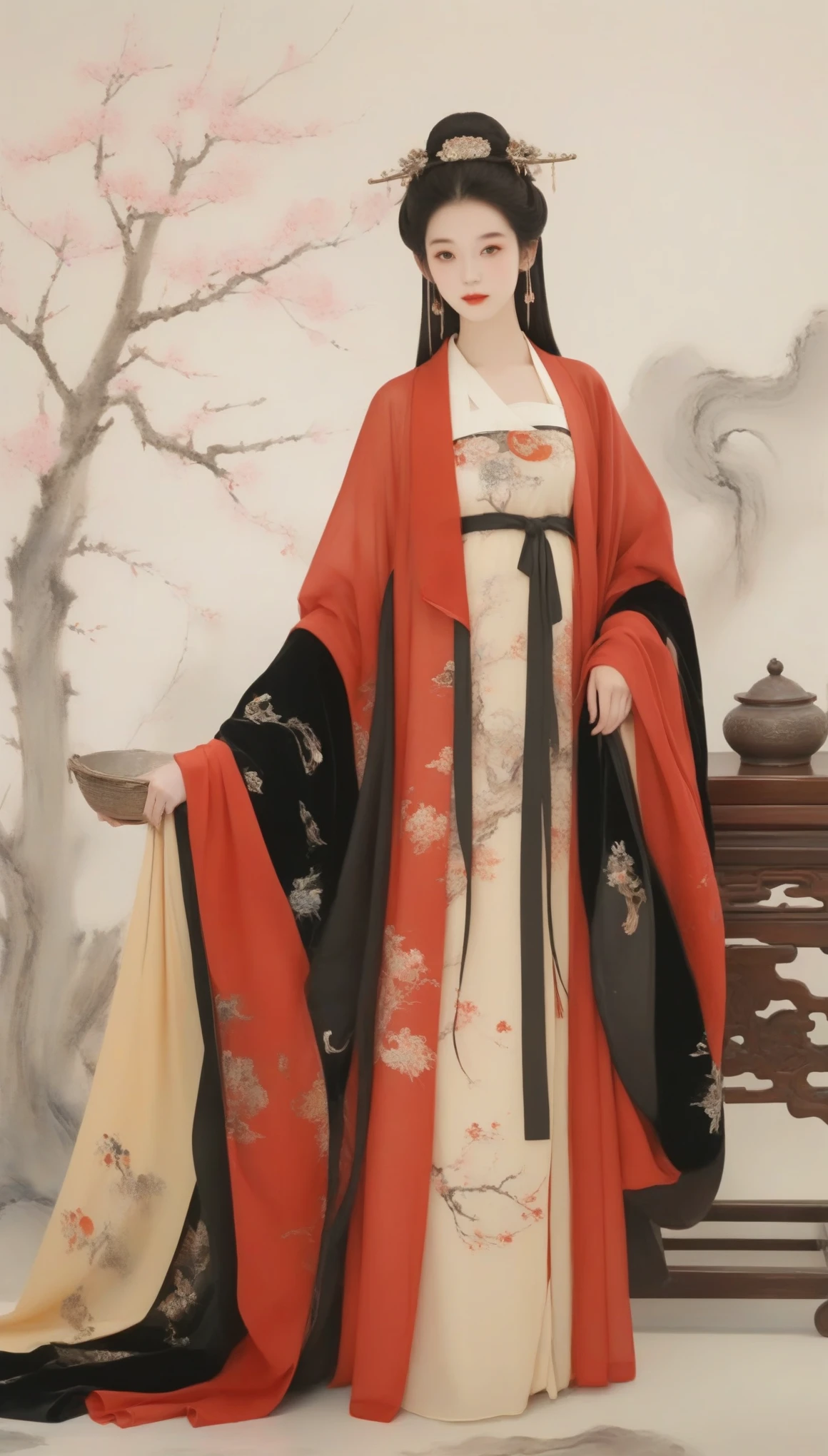 Wu Guanzhong作品，Wu Guanzhong，（中国西汉时期的美女王昭君抱着lute：0.13），（whole body），（Han dynasty winter mink red hooded cloak witch costume：0.65），Falling geese，（lute：0.85），（Velvet）（mink clothes），background是大漠容貌较为丰腴圆润，Round face shape，The eyes are not big，Small nose，Lips are red and slightly upturned，Has long black hair，background：Falling geese，大雪塞外 
Wu Guanzhong兼取中西，His oil paintings are fresh、Bright，Full of national characteristics and lyrical meaning。Later he engaged in innovating ink painting，His paintings are somewhere between figuration and abstraction，Points to note、The rhythm of blending lines and ink blocks，With strong artistic personality and modern flavor。