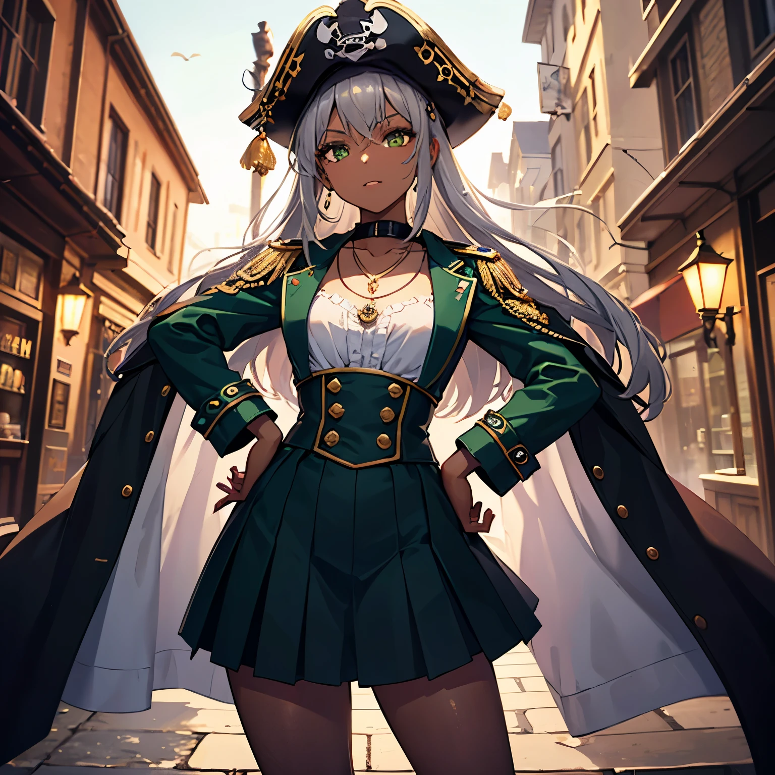 (alta qualidade), (obra de arte), looking at the spectator, close-up, 1 girl, 19 years old, dark skinned, battle damage, pirate costume (dark green/black palette, pirate hat, coat, cute full blouse, 
cute skirt, small details in gold, necklace), old town, whole body, grey hair, long hair, green eyes, excited, sharp looking, hands on the hips 