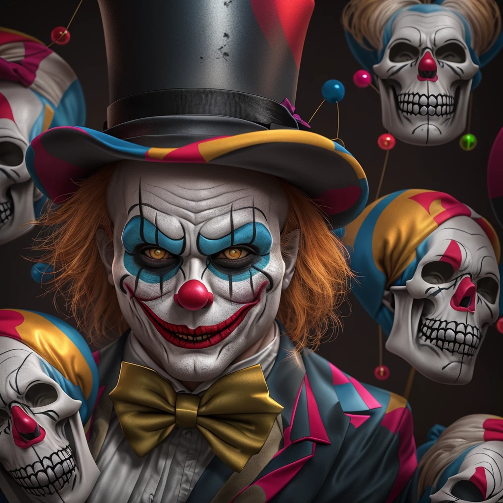 Clown mask in top hat and bow tie, portrait skull clown, cutecore clowncore, jocker, skull clown, skull clown inside a circus, scary clown, portrait death clown, clown face, 4k highly detailed digital art, clown world, stunning digital illustration, trending on artstation hq, 3d render digital art, portrait of joker
