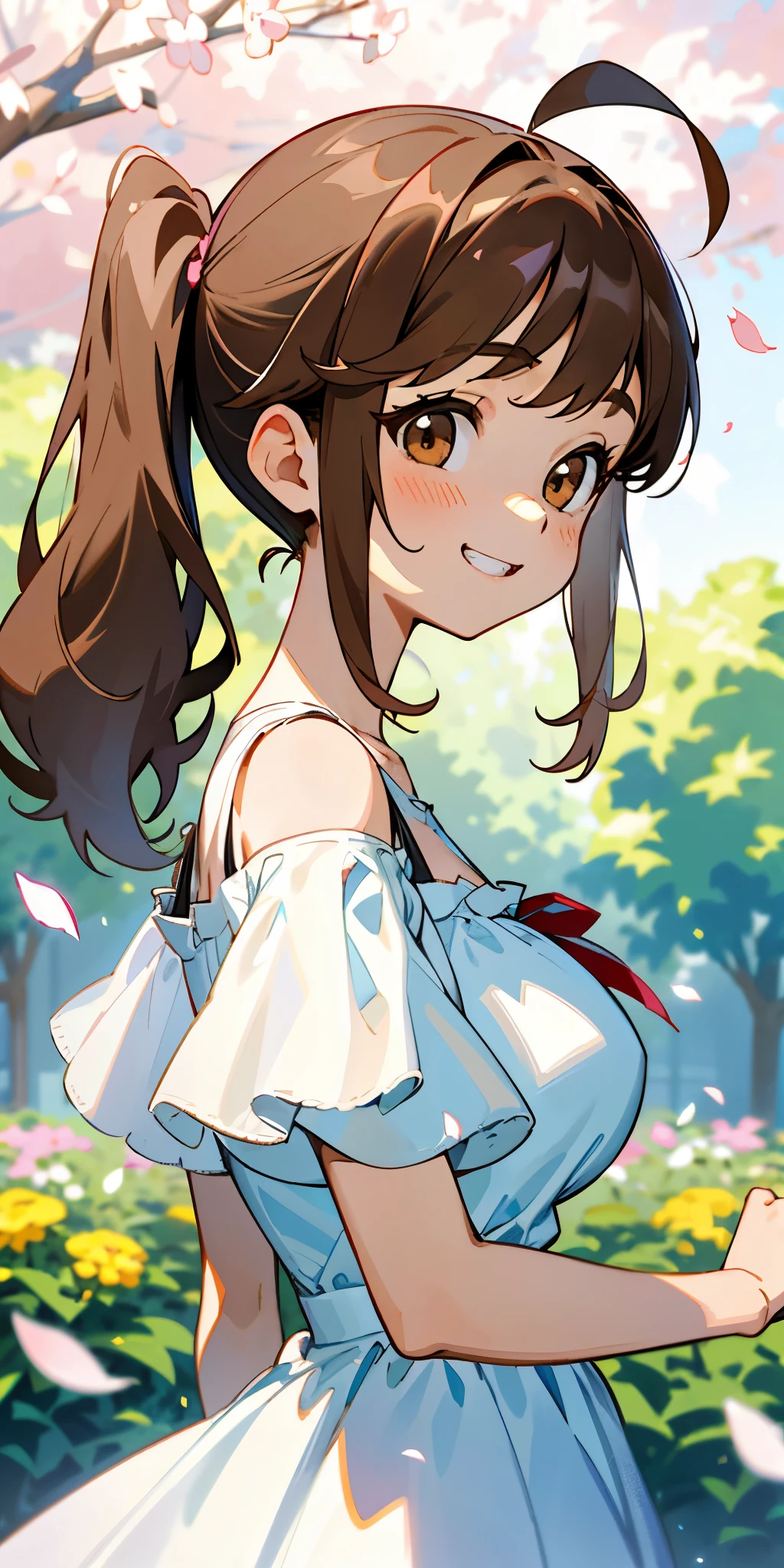 １girl、Big eyes、dark brown eyes、light brown hair、side ponytail、big breasts、Ahoge、plain white off shoulder dress、short sleeve、frills、upper body close-up、The scenery in the background is a garden with dancing petals.、grin、From the side、painterly、sharp outline