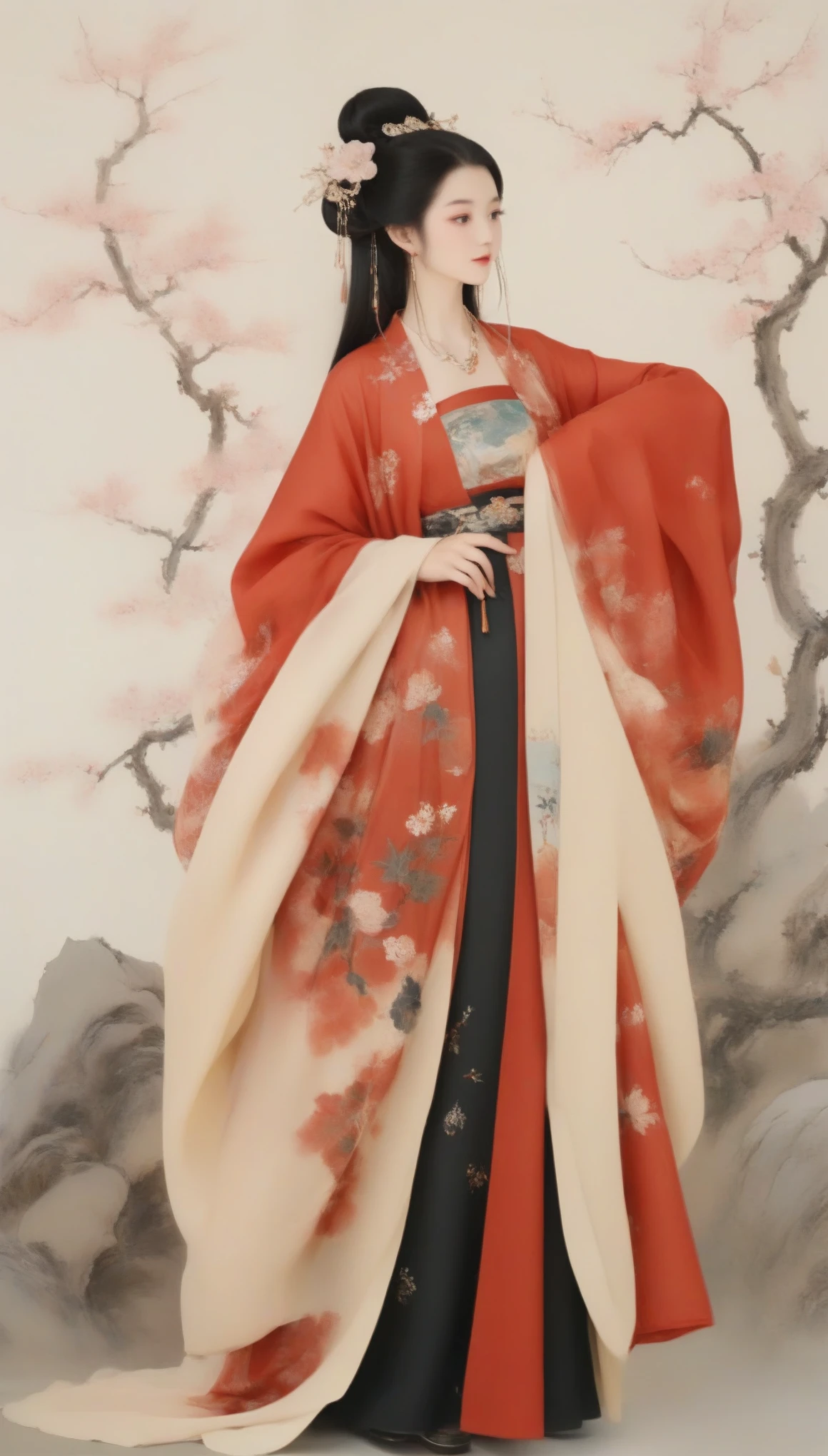 Wu Guanzhong作品，Wu Guanzhong，（中国西汉时期的美女王昭君抱着lute：0.13），（whole body），（Han dynasty winter mink red hooded cloak witch costume：0.65），Falling geese，（lute：0.85），（Velvet）（mink clothes），background是大漠容貌较为丰腴圆润，Round face shape，The eyes are not big，Small nose，Lips are red and slightly upturned，Has long black hair，background：Falling geese，大雪塞外 
Wu Guanzhong兼取中西，His oil paintings are fresh、Bright，Full of national characteristics and lyrical meaning。Later he engaged in innovating ink painting，His paintings are somewhere between figuration and abstraction，Points to note、The rhythm of blending lines and ink blocks，With strong artistic personality and modern flavor。