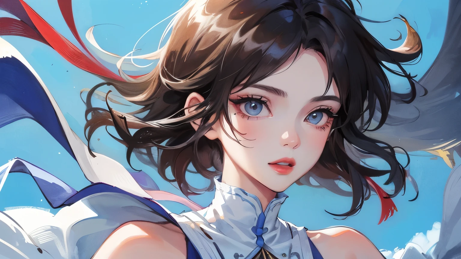 young girl black hair short hair black eye irreverent face look down thin body thin thighs small breasts small ass toned body blue sky cloud hair blowing in the wind high quality High resolution 8K vampire watercolor natural feel bridge of nose martial arts ((最high quality)), ((masterpiece)), (become familiar with), dignified face grassland close up of face Beautiful as a goddess whole face Nipples are visible lipstick eye shadow Completely naked ID photo style