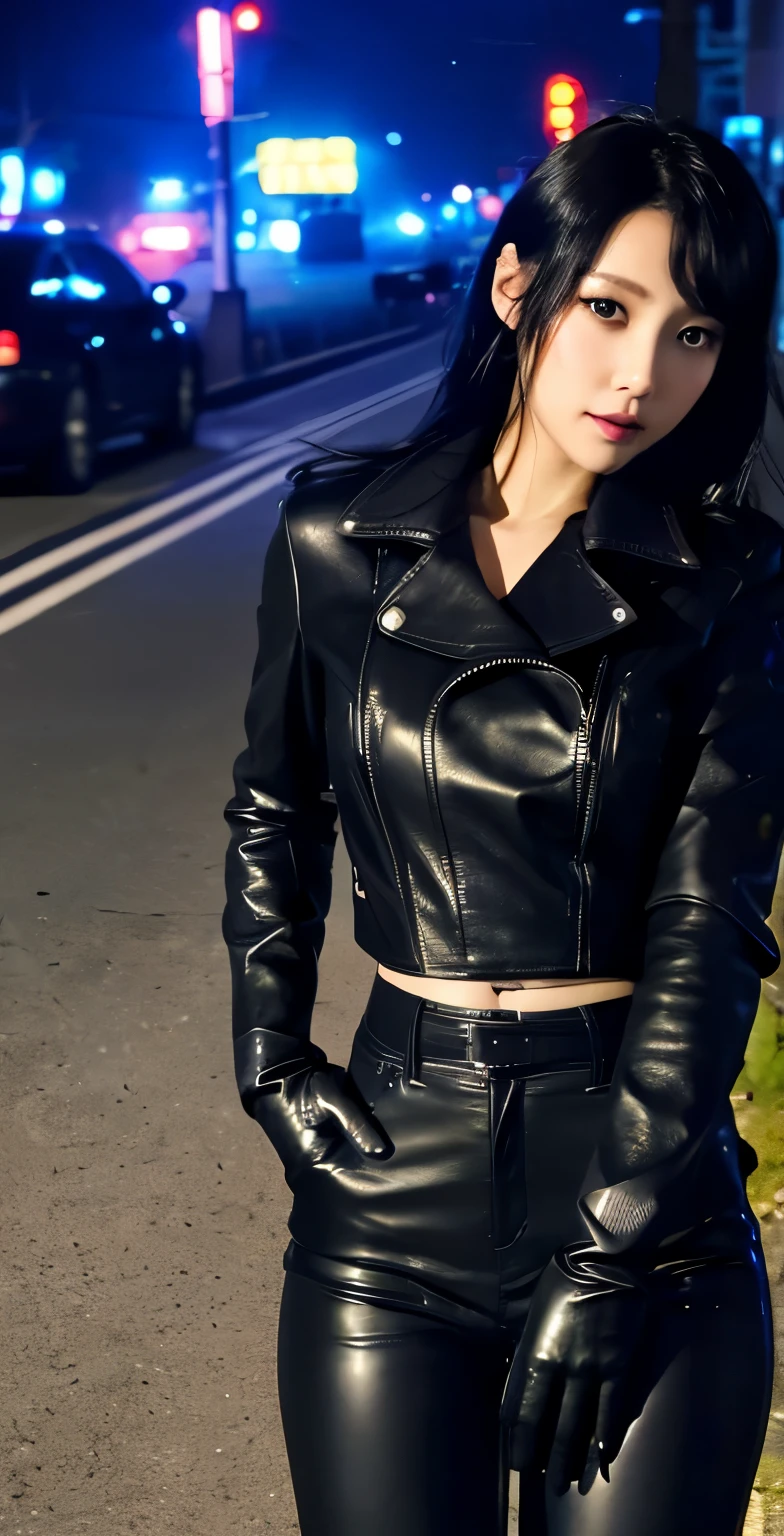 black leather rider jacket, office in the dark, Fingertips of black leather gloves on both hands,wearing black leather gloves,sitting in a black leather chair、 Japanese female new employee (black leather gloves cover both hands) (The angle is horizontal)、black leather leather pants,black leather black leather pants,black leather skinny pants、Long black leather boots on both feet、black hair ponytail ((He wears black leather gloves on his hands))Full body photo,full body shot full body full body leather suit,☺If you turn in this direction。wearing black leather gloves,wearing black leather gloves,wearing black leather gloves,wearing black leather gloves,wearing black leather gloves,wearing black leather gloves,黒のレザーパンツが美しい😍黒のレザーパンツが美しい😍黒のレザーパンツが美しい,😍I'm smiling while looking at you,city lights、((neon cyberpunk city street:1.3))、(neon light)、detailed lighting、
best image quality、ultra high resolution、(realism:1.4)、korean beauty star、The most beautiful KPOP stars、face、horny korean makeup、A body that makes you want to touch it、realistic leather texture、Costume made of smooth leather fabric、The drape of the curved parts of the leather fabric、The costume has a strong shine、costume quality、8K photo quality、
The darkness of cyberspace lit up in blue,Complex structures in the background、full body photo