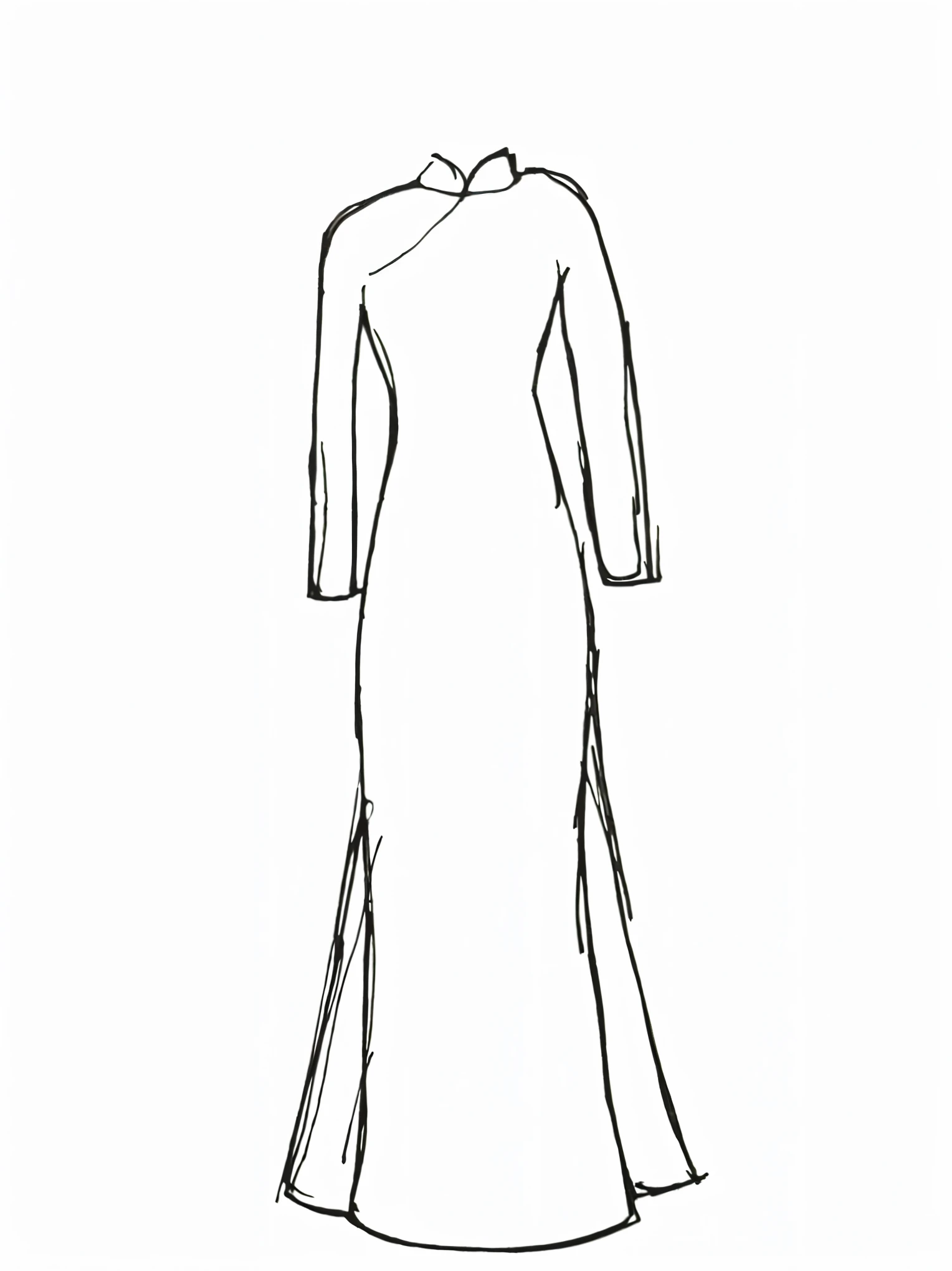 a drawing of a dress with a long sleeve and a long skirt, wearing long gown, long dress female, cheongsam, ao dai, female figure in maxi dress, elongated figure, wearing a long dress, gown, long dress, line sketch, flowing gown, long gown, wearing an evening gown, chinese dress, in style of lam manh