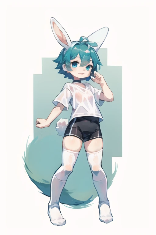 highest quality，masterpiece，(Cartoonish)，the only person，((white stockings，white knee length socks))，(small ，For 6 years old)，Rabbit facial features，Rabbit body characteristics，light green body, Bunny ears，put your hands behind your back, blue colored eyes，rabbit tail，rabbit foot, choker, smiling