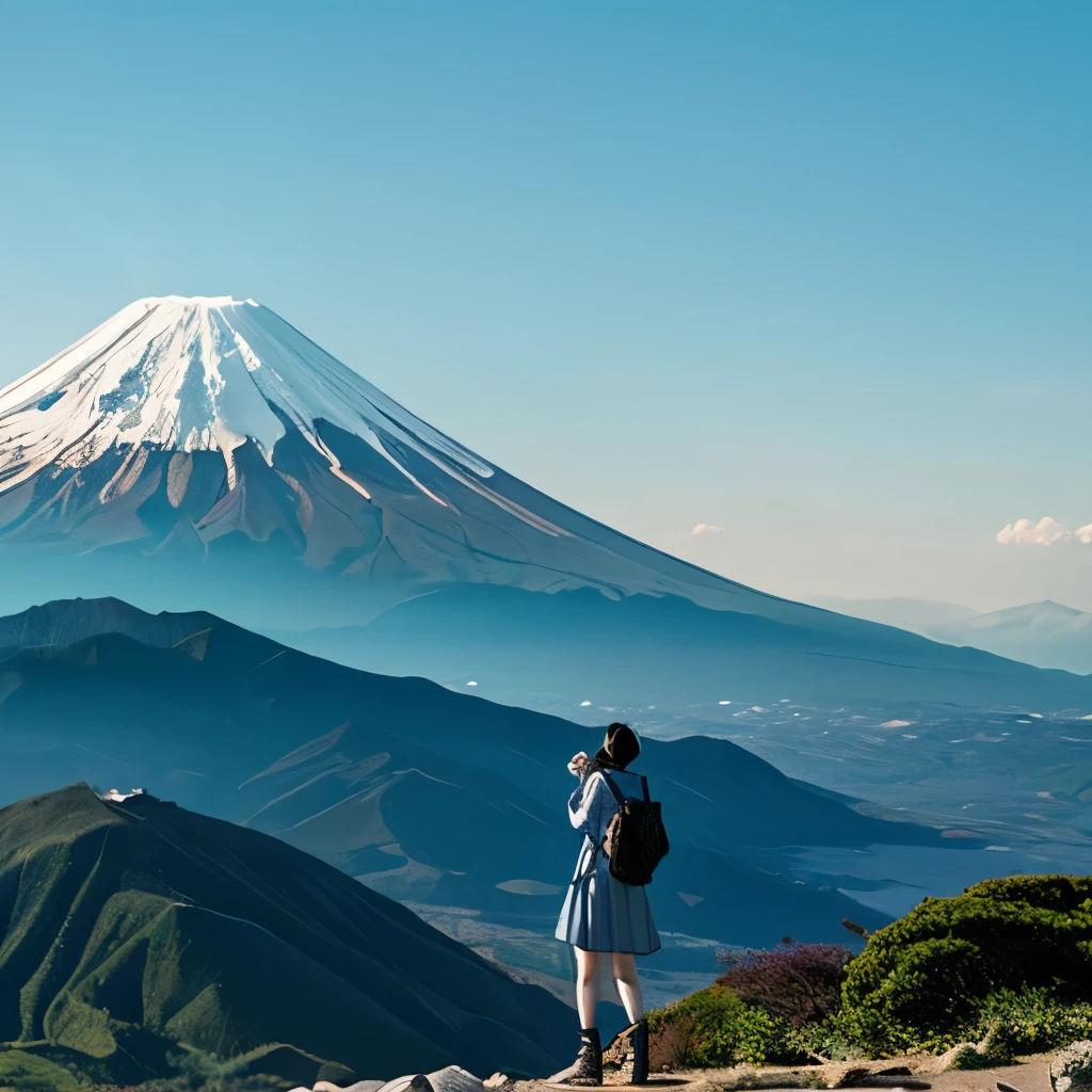 A young beautiful girl wearing a costume like a Japanese female idol,Slender,tall,Japanese,god々New,Composition of the foot of Mt. Fuji,surreal,fantastic,