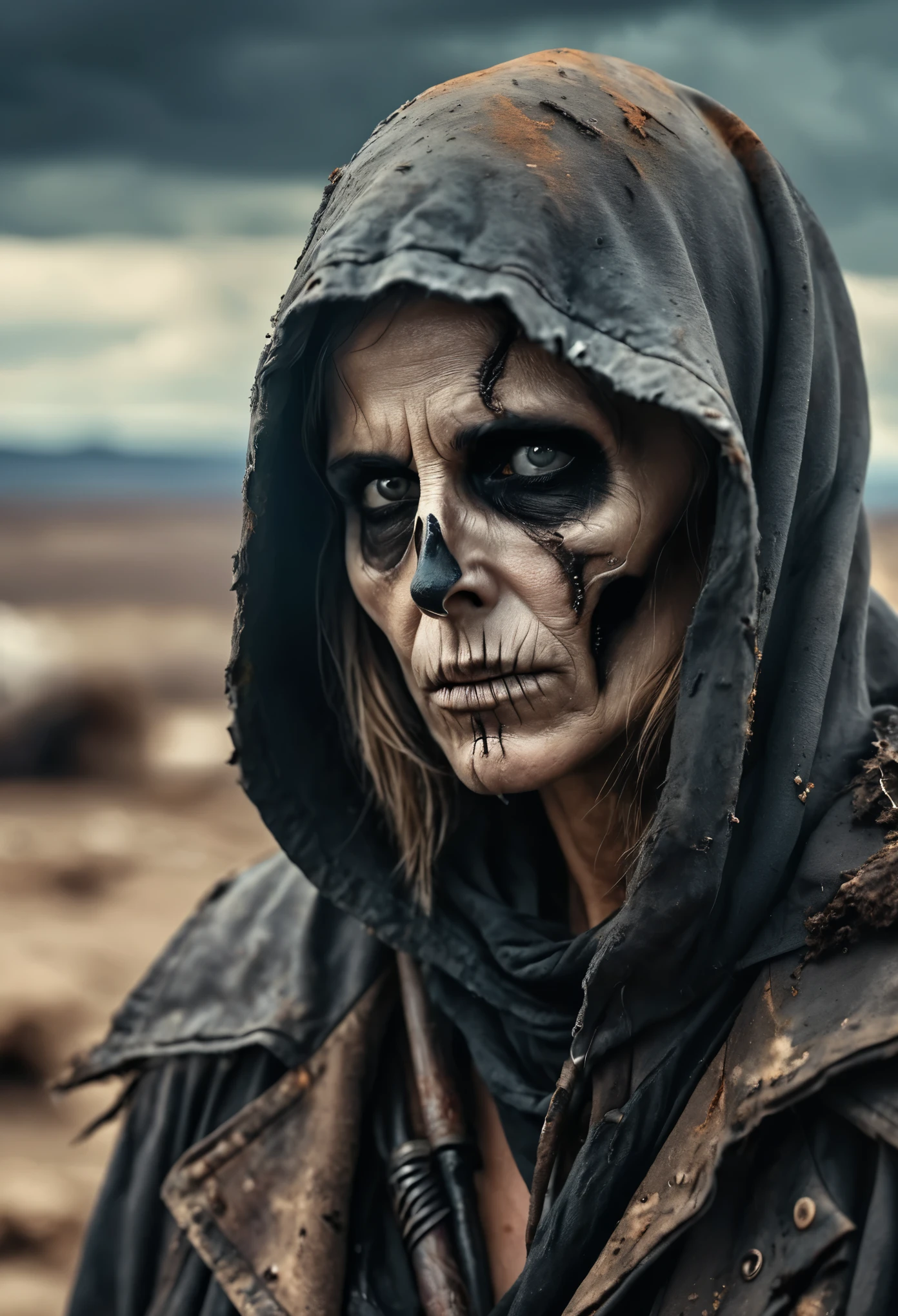 (Realistic:1.4), analog photo style, depth of  field,  Vivid colors, fragile, vulnerable, female reaper, sad, worried expression, looking away, professional photoset in post-apocalyptic style, insanely detailed, intricate wasteland  landscape background,  (((masterpiece))), top quality, 8K, ultra high resolution, high contrast, low saturation