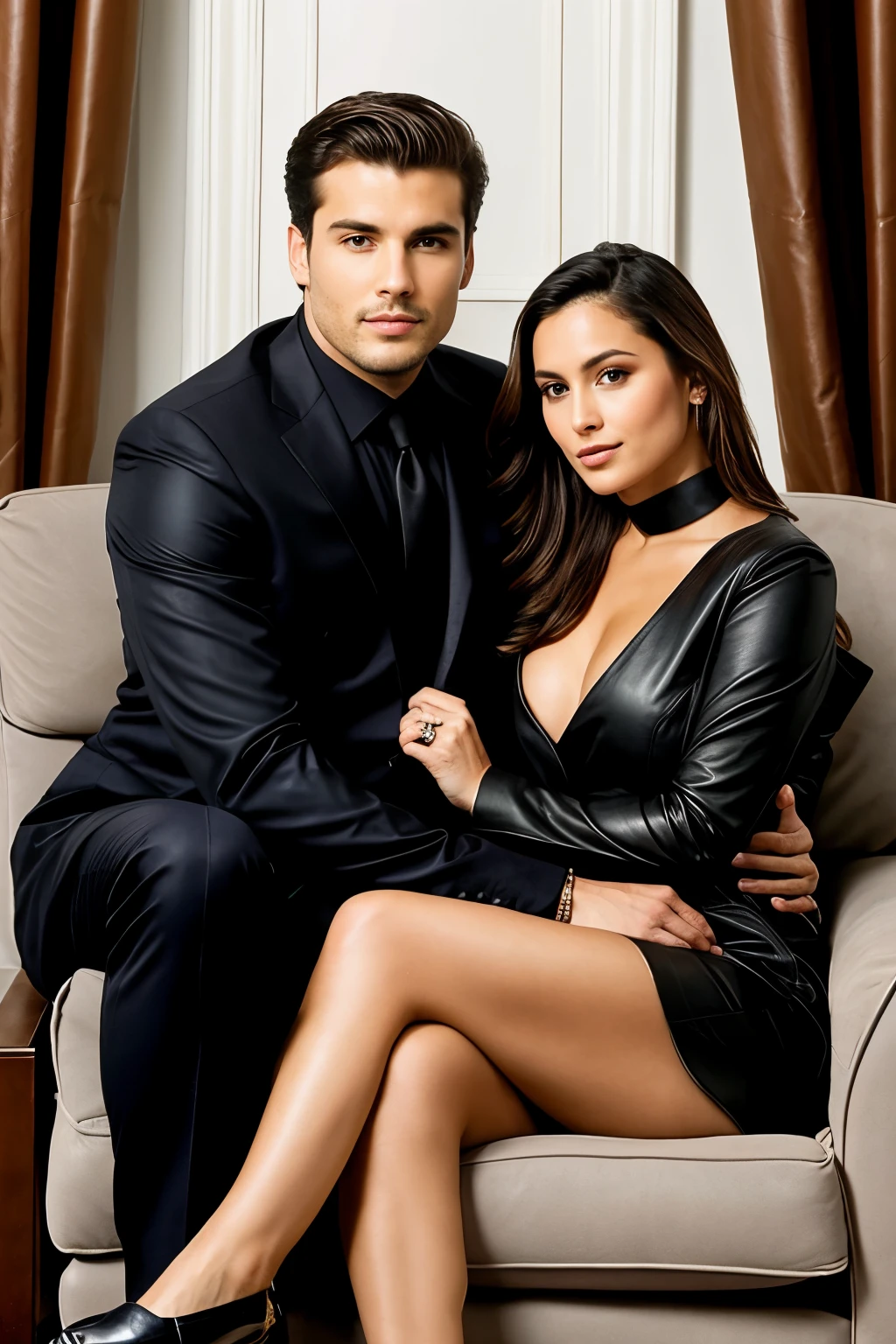 Casal Sigma Elegante, the man sitting in a leather armchair and the woman standing next to him ((melhor qualidade)), (detalhado), rosto perfeito