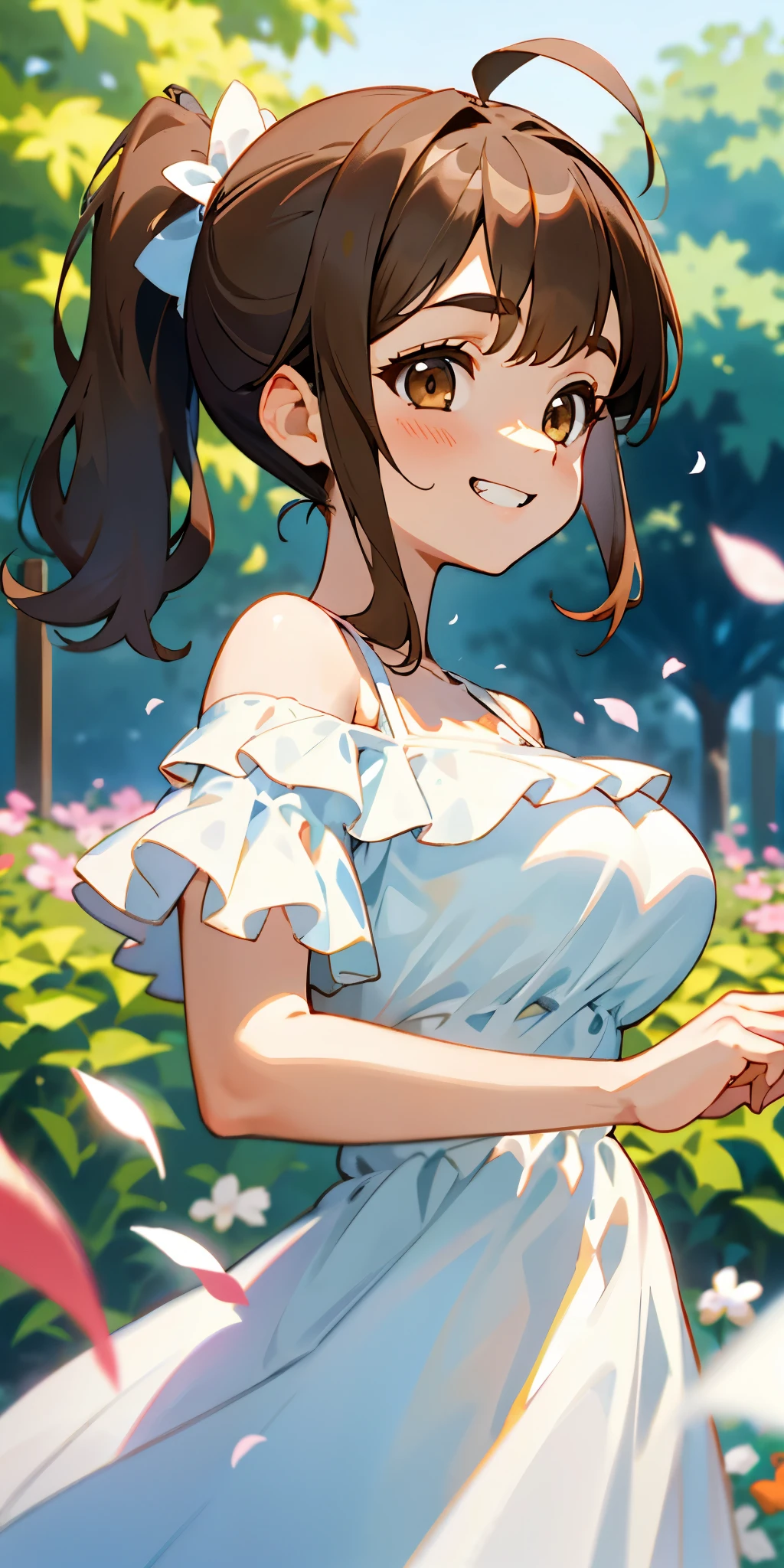 １girl、Big eyes、dark brown eyes、light brown hair、side ponytail、big breasts、Ahoge、plain white off shoulder dress、short sleeve、frills、upper body close-up、The scenery in the background is a garden with dancing petals.、grin、From the side、painterly、sharp outline