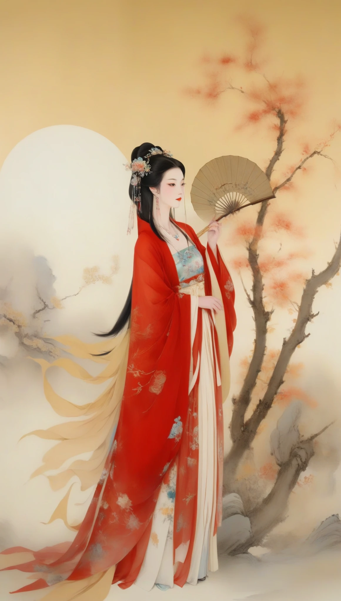 Wu Guanzhong作品，Wu Guanzhong，（The beauty Queen Zhaojun of the Western Han Dynasty of China wears a red hooded cloak of winter mink from the Han Dynasty），（lute：0.8），（whole body），（witch costume：0.65），Falling geese，（lute：0.85），（Velvet）（mink clothes），background是大漠容貌较为丰腴圆润，Round face shape，The eyes are not big，Small nose，Lips are red and slightly upturned，Has long black hair，background：Falling geese，大雪塞外 
Wu Guanzhong兼取中西，His oil paintings are fresh、Bright，Full of national characteristics and lyrical meaning。Later he engaged in innovating ink painting，His paintings are somewhere between figuration and abstraction，Points to note、The rhythm of blending lines and ink blocks，With strong artistic personality and modern flavor。