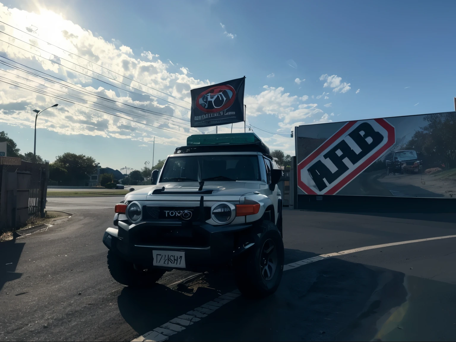 Hand-drawn comic version of Toyota FJ Cruiser racing off-road in the mud