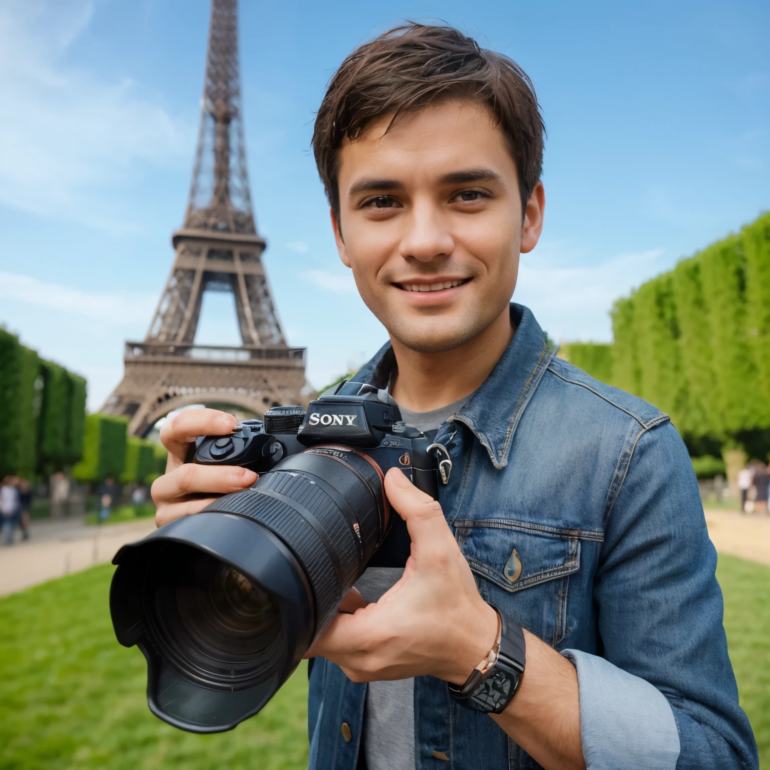 portrait of a 37-year-old man, short thin hair, standing near the Eiffel tower, wearing a blue jeans jacket, holding a sony alpha camera with a long lens, like a photographer, wearing a watch, facing the camera, while smiling and showing a metal hand, photographed by a professional photographer, with a garden atmosphere near the Eiffel tower, with the background of the Eiffel tower high color effect, contrast, ultra HD, realistic, 8K, focus, detailed