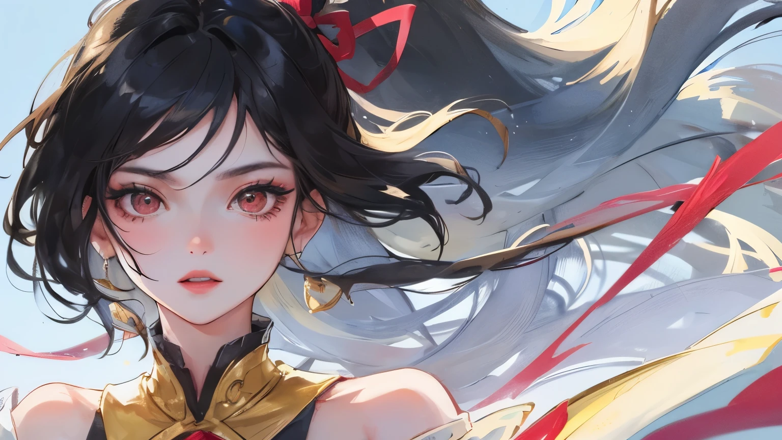 young girl black hair short hair red eyes irreverent face look down thin body thin thighs small breasts small ass toned body blue sky cloud hair blowing in the wind high quality High resolution 8K vampire watercolor natural feel bridge of nose martial arts ((最high quality)), ((masterpiece)), (become familiar with), dignified face grassland close up of face Beautiful as a goddess whole face lipstick eye shadow Completely naked ID photo style
