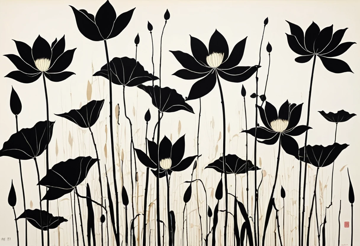 The simple line drawing style of Dry Lotus was inspired by Wu Guanzhong, author：Dazhu bamboo leaves, author：Shozo Shimamoto, Zeng Fanzhi, Juan Miró, by joan snyder, 