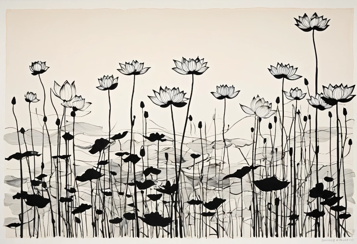 The simple line drawing style of Dry Lotus was inspired by Wu Guanzhong, author:Dazhu bamboo leaves, author:Shozo Shimamoto, Zeng Fanzhi, Juan Miró, by joan snyder,