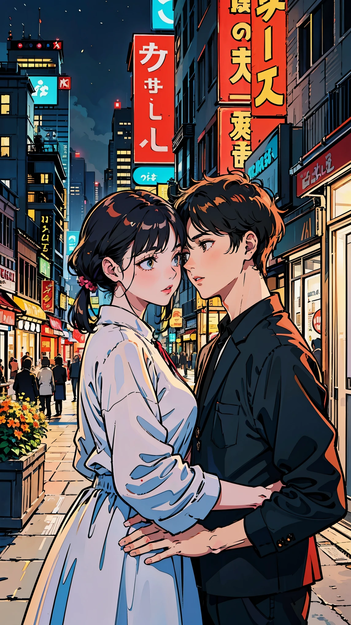 In the bustling heart of a vibrant city, 1 girl and 1 man find solace on a rooftop garden oasis. The urban skyline twinkles with a myriad of lights, while they are cocooned in the lush greenery and colorful blooms. Their lips seemed to be pressed together is a celebration of their love amidst the hustle and bustle below. The cool breeze carries the scent of flowers and distant traffic, making their connection even more precious. Their embrace reflects a sense of strength and unity, as they navigate life's challenges together. The scene is rendered in a modern digital illustration style, with bold lines and vivid colors, capturing the energy of the city and the tenderness of their relationship