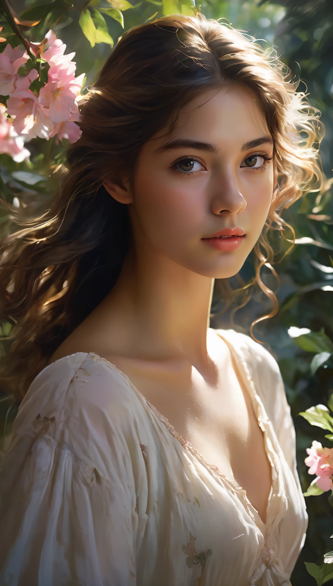 (best quality, highres, ultra-detailed, realistic:1.37), a **** half Italian girl with breathtaking beauty under the dappled sunlight, a nude art piece in the style of oil painting, depicted with stunning realism and intricate details. The girl has porcelain-like skin, radiant with a soft glow. Her mesmerizing eyes are filled with depth and emotion, enhanced with long, dark lashes. Her full, luscious lips are delicately painted with a hint of natural color. Long, flowing locks of hair cascade down her back, catching the gentle rays of sunlight.

The girl stands gracefully in a picturesque garden, surrounded by vibrant flowers and lush green foliage. The warm golden sunlight filters through the branches, casting enchanting shadows on her flawless form. The scene exudes a sense of tranquility and serenity, as if time has momentarily stood still.

The textures of the flowers and leaves are rendered with rich colors and intricate details, bringing them to life on the canvas. The overall composition showcases a harmonious balance between light and shadow, accentuating the girl's ethereal beauty.

The color palette of the painting is dominated by warm tones, with hints of soft pastels to add a touch of whimsy. The sunlight bathes the scene in a warm, golden glow, illuminating the girl's fair complexion and casting a soft, romantic atmosphere.

The lighting in the artwork is carefully crafted, emphasizing the natural play of light and shadow. The subtle interplay of highlights and shadows enhances the depth and dimensionality of the girl's figure, adding a sense of realism to the painting. The soft, diffused light further enhances the dreamlike quality of the scene, creating a magical and captivating ambiance.

The resulting artwork is a masterpiece of beauty and artistry, capturing the essence of a girl's innocence and vulnerability in a mesmerizing and timeless, (NSFW:1.2) 