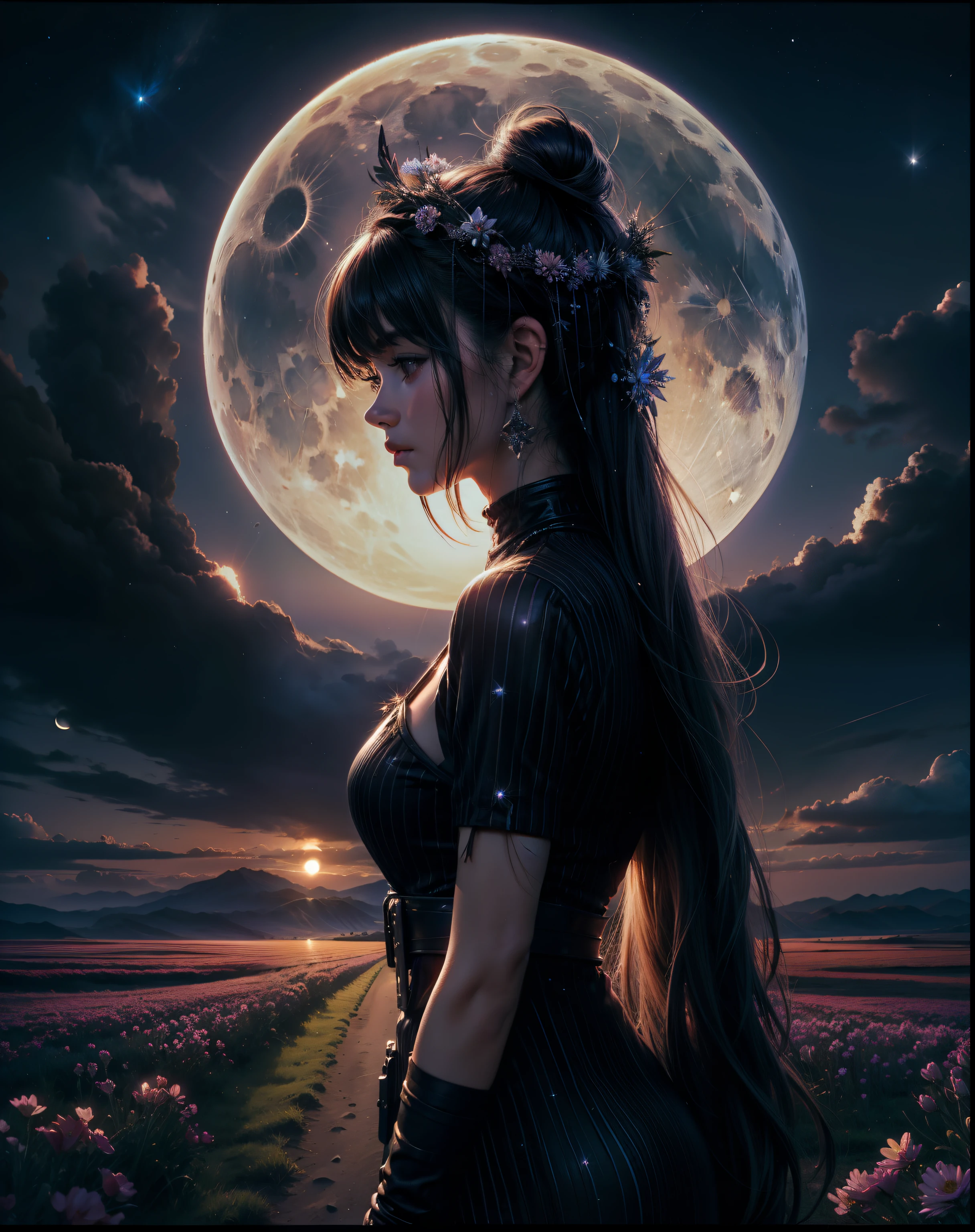 expansive landscape photography, (a bottom view showing the sky above and open country below), a girl standing in a field of flowers looking up, (full moon: 1.2), (shooting stars: 0.9), (nebula : 1.3), distant mountain, BREAK tree production art, (warm lig...