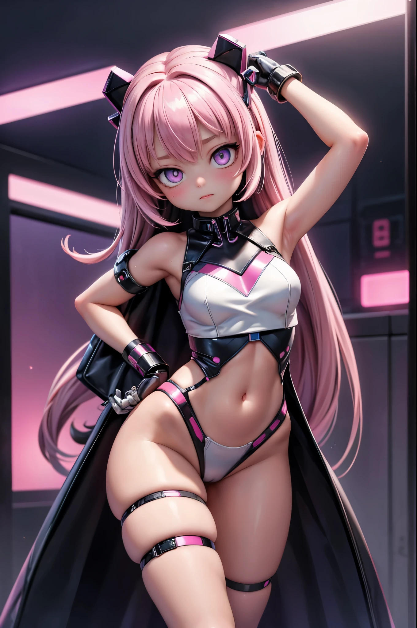 Best quality, Cute, Masterpiece, Cyber girl with semi-Mechanical limbs entering a strip club after being hacked, her skin light and fair, her eyes glowing a soft unnatural pink, one hand was on her hip the other on the pole as she danced her clothes off with a blank expression
