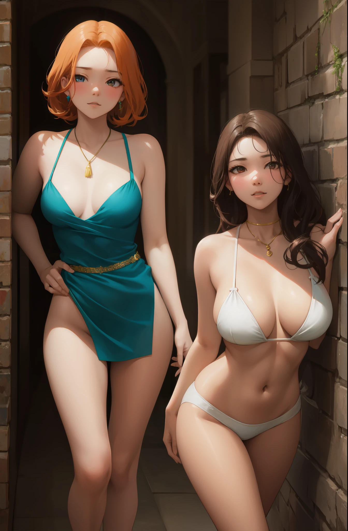 Two women in swimsuits posing for a photo in a doorway., amoranto, wlop y ross tran, wlop y sakimichan, ruan jia and artgerm, wlop y artgerm, dos modelos en el marco, WLOP y Andrei Riabovitchev, cuerpo perfecto fotorrealista, hermosas mujeres seductoras