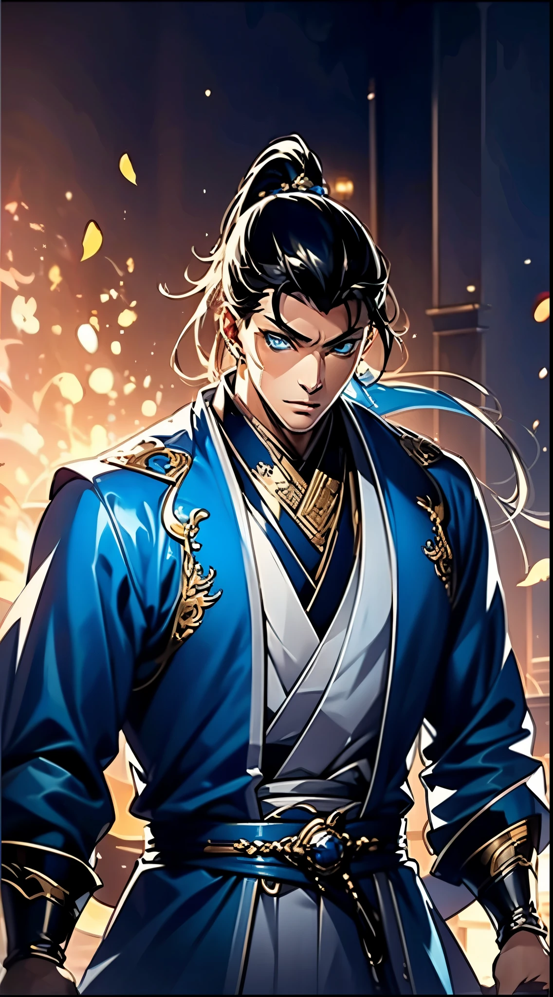 Two dimensions,anime style,one person(male warrior),proportions are correct,facial details,swordsman,high ponytail hairstyle,neck detail,Have an Adam's apple,blue suit,joke,blue robe,clothing details,transfer,long sleeves,Game quality,fencing,Ray tracing,Ray tracing,Detailed glow,CG rendering,hair details,long black hair,blue eyes,Handsome,Handsome,(Youthful feeling),Costumes are complicated,Perfect composition,Refinement,high quality,higher details,many details,Complex background,a sense of atmosphere,