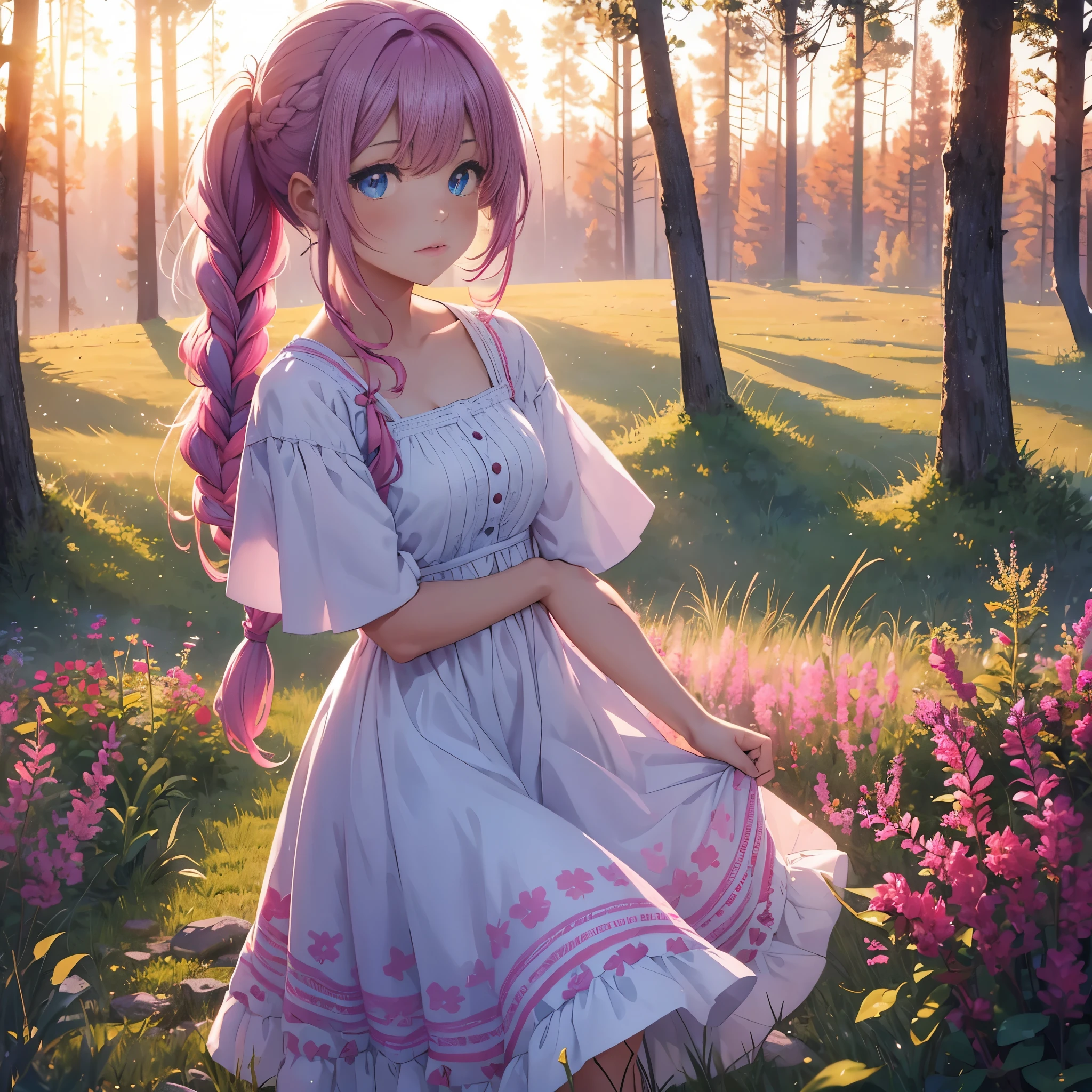 Anime girl in a pink dress standing in a field of flowers - SeaArt AI