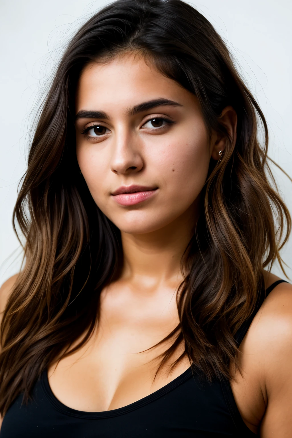 A photorealistic portrait of a 26 year old, she is brun