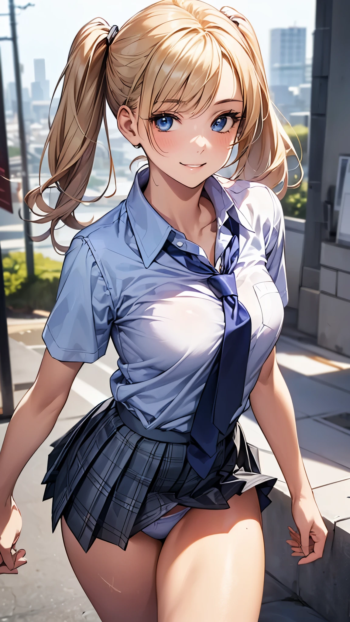 (masterpiece:1.3, top-quality, ultra high res, ultra detailed), (realistic:1.1, photorealistic:1.4), beautiful illustration, perfect lighting, colorful, depth of fields,
beautiful hair, beautiful face, beautiful detailed eyes, beautiful clavicle, beautiful body, beautiful chest, beautiful thigh, beautiful legs, beautiful fingers,
looking at viewer, 1 girl, japanese, high school girl, perfect face, (perfect anatomy, anatomically correct), cute and symmetrical face, face, suntan, shiny skin,
(middle hair:1.5, twintails:1.2, blonde hair), asymmetrical bangs, blue eyes, long eye lasher, (medium breasts), slender,
((collared short sleeve shirt, light blue shirt, school uniform, grey plaid pleated skirt, navy tie)), light blue panties,
(beautiful scenery), evening, (outdoors, cityscape in the distance), walking, (lovely smile, upper eyes),