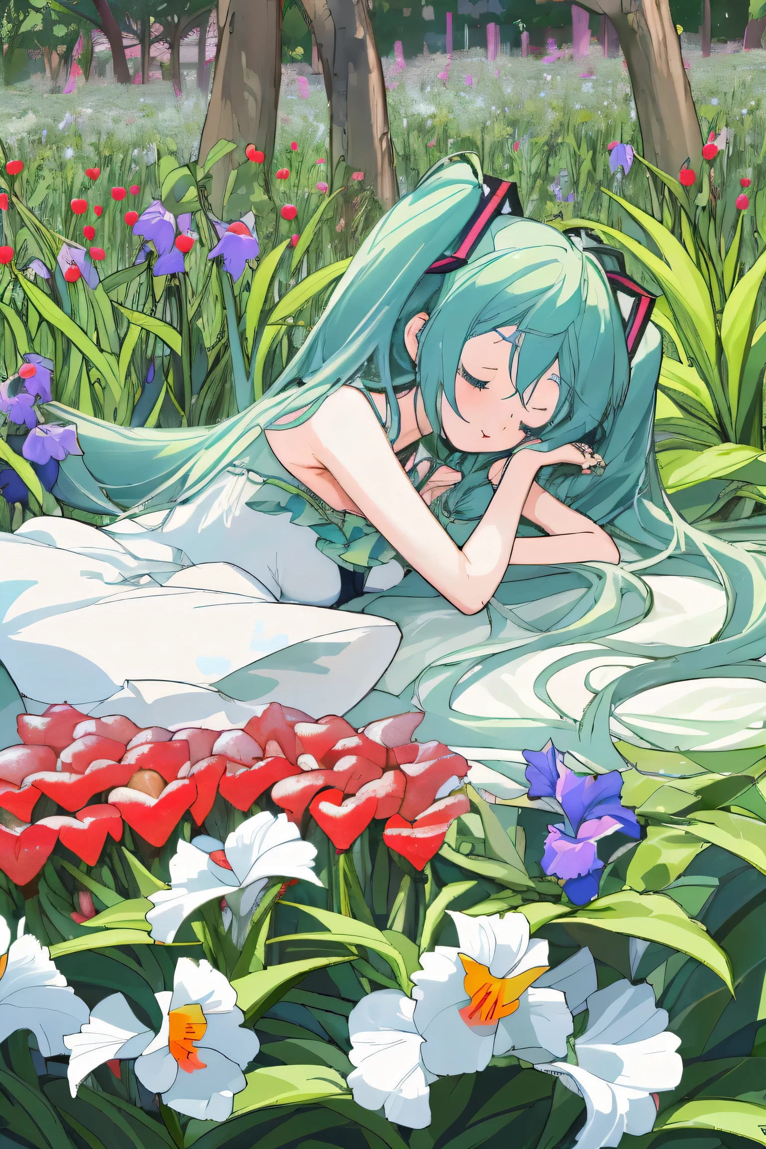 Miku dort dans un jardin de fraises et d&#39;iris