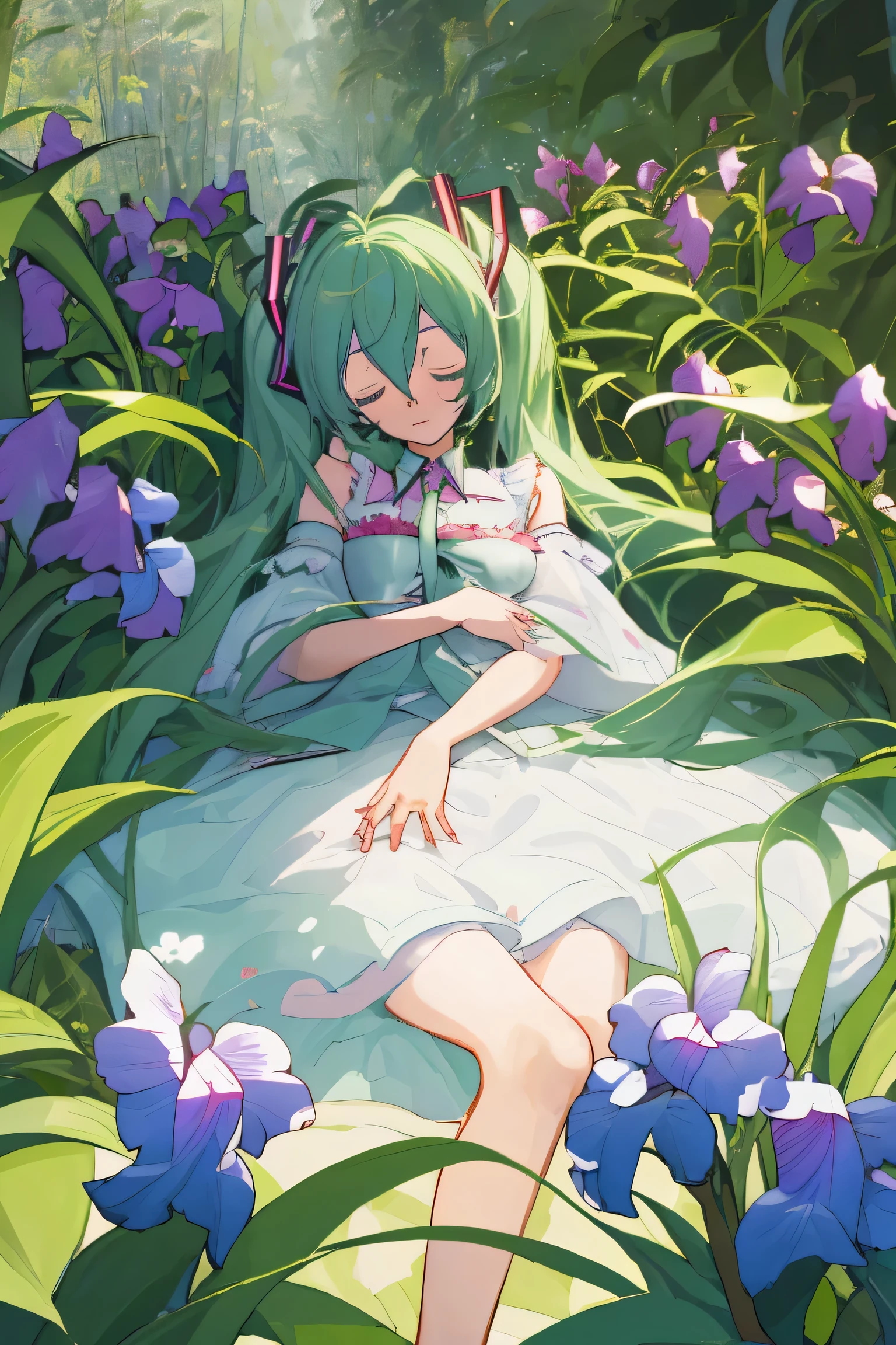 Miku dort dans un jardin de fraises et d'iris