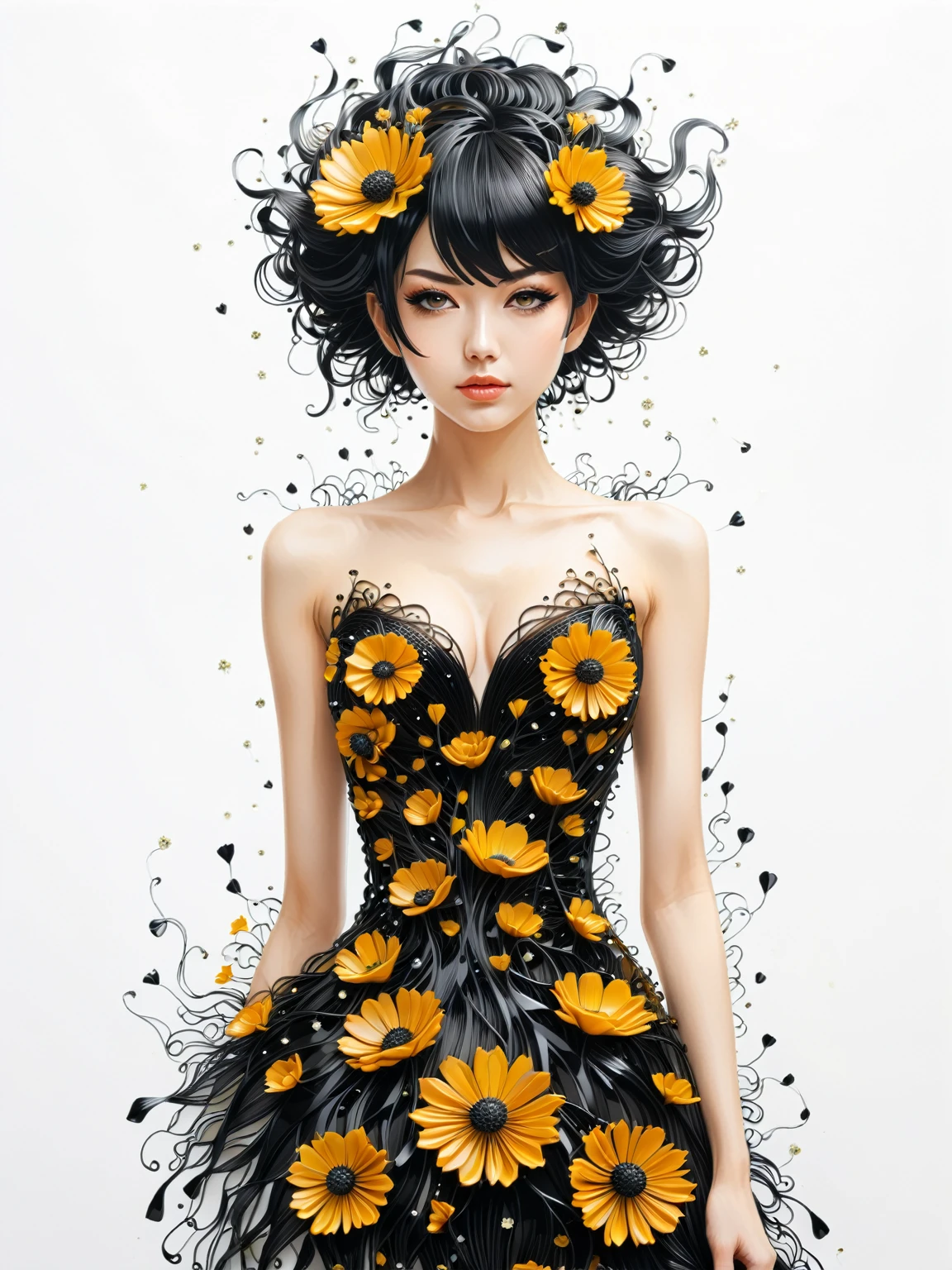 anime art style,woman,dress made of ferrofluid threads,flowers,white background,waist up shot