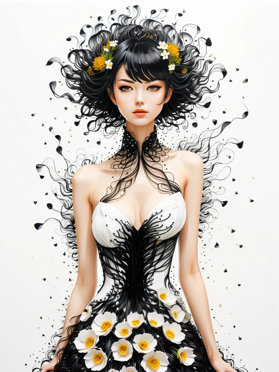 anime art style,woman,dress made of ferrofluid threads,flowers,white background,waist up shot