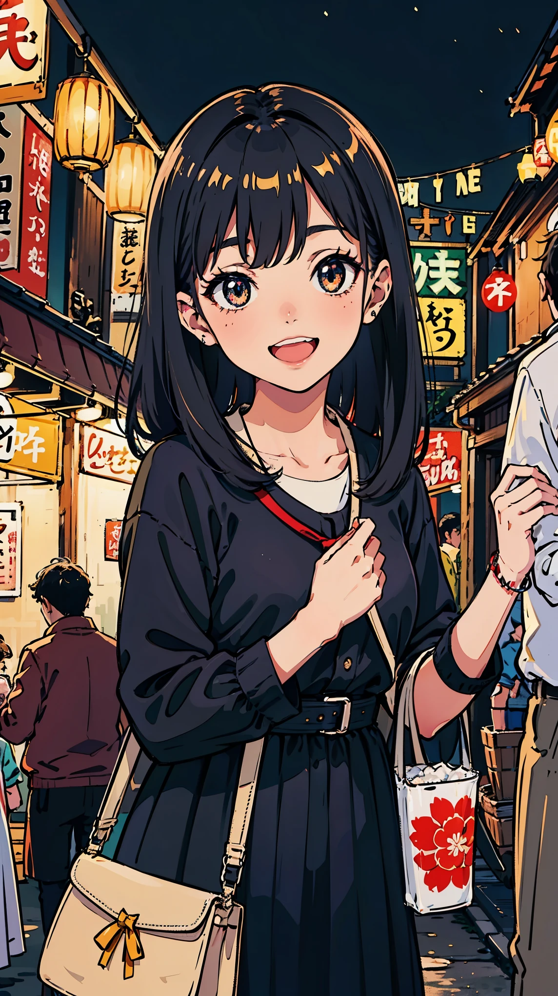 Asian girl and her boyfriend, gathered at the busy kyoto night market, warm night with colorful lights imprinting happy faces, focus on cheerful expressions and laughter, 