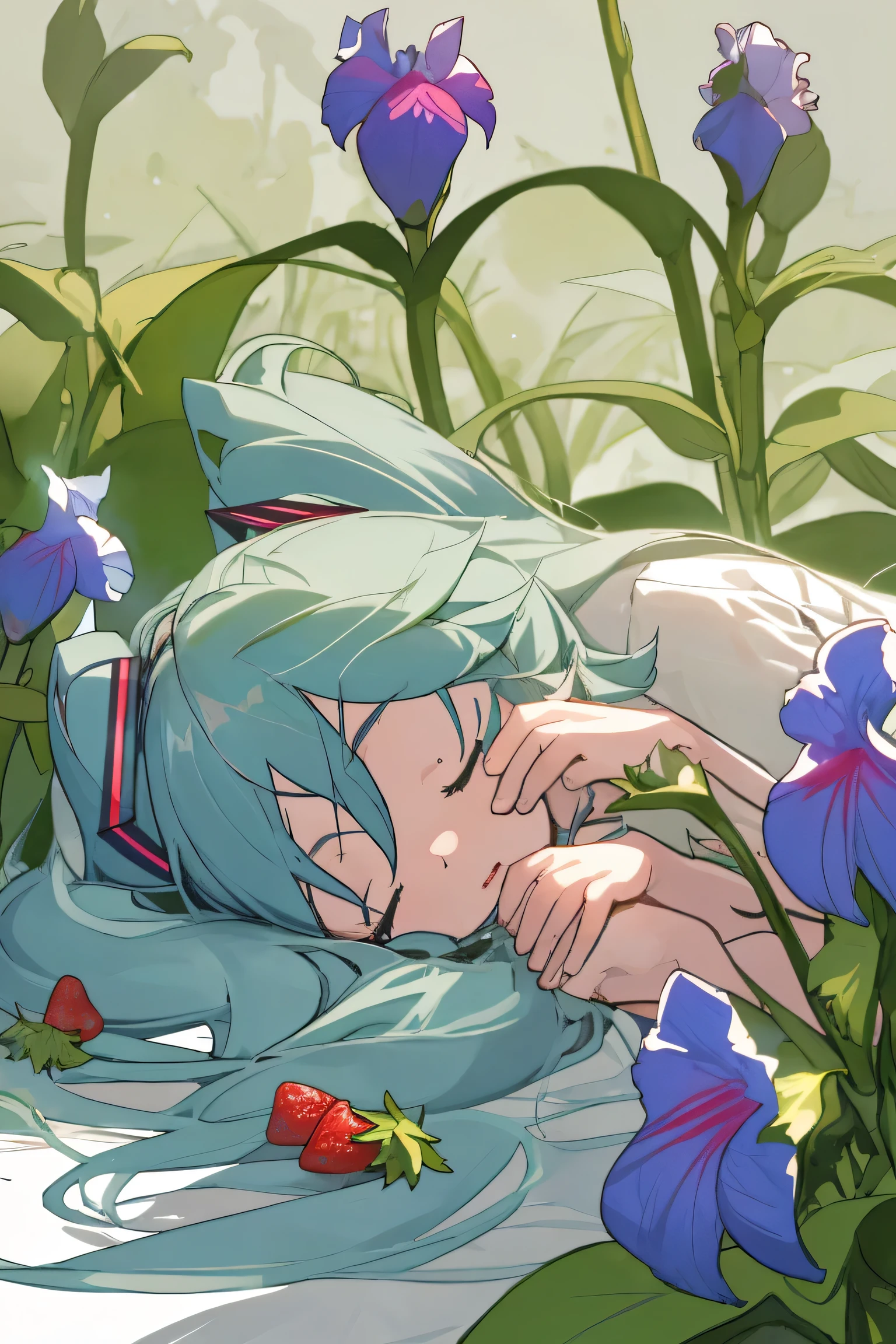 Miku dort dans un jardin de fraises et d'iris