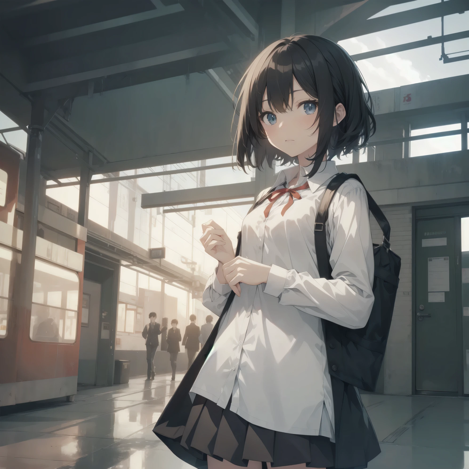 Super absurd quality by the god of art, super detailed, High resolution, anime moe art style, Best Anime 8K Kona-chan Wallpaper, pixiv contest winner, perfect anatomy, break,cowboy shot, (眠そうにalone学校へ行く女の子を描いてください. )break,1 girl, (alone,little woman, cute face, 13 years old:1.3),All limbs, full finger,, The charm of an immature body, (very_short hair), shortcut, Bang, flat chest, small ass, between legs, small black eyes, detailed and beautiful eyes, Well-proportioned iris and pupils, expressive eyes, High resolutionの詳細な髪, neck ribbon, shirt, collared shirt, skirt, pleated skirt, school uniform, (detailed lighting), (detailed background), On the way to school. break,super dense skin, Best cinematic lighting powered by famous artist, 8k,Beauty Illustration,photoshop_(Moderate),Absurd Hi-Res,Hmm,rough skin,break,((artist:Fujiyama)), artist:Fujichoko,artist:Yamamoto_Soichiro,artist:hanekoto
